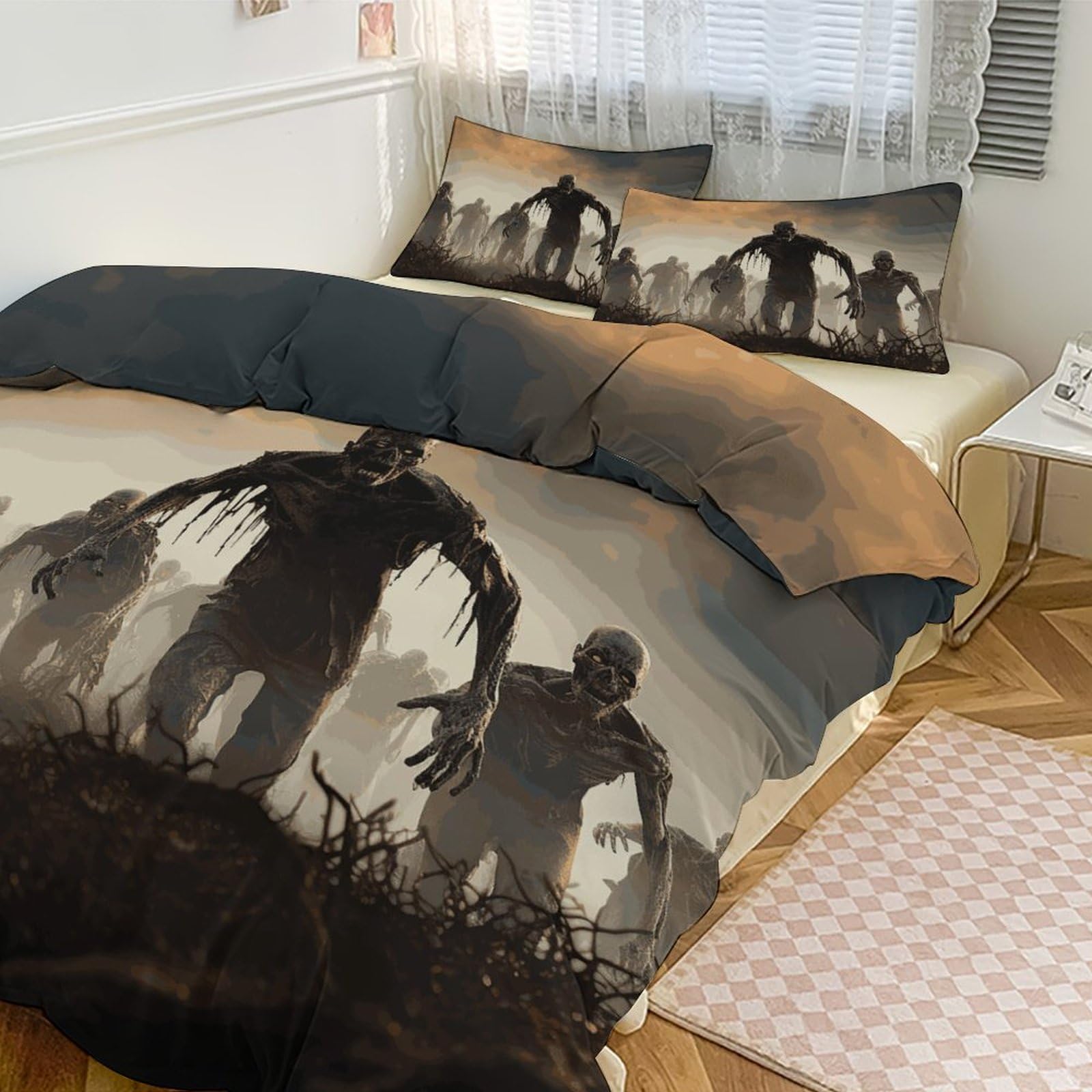Couette pour grand lit motif imprimé zombie avec 2 taies d'oreiller 228x228 cm