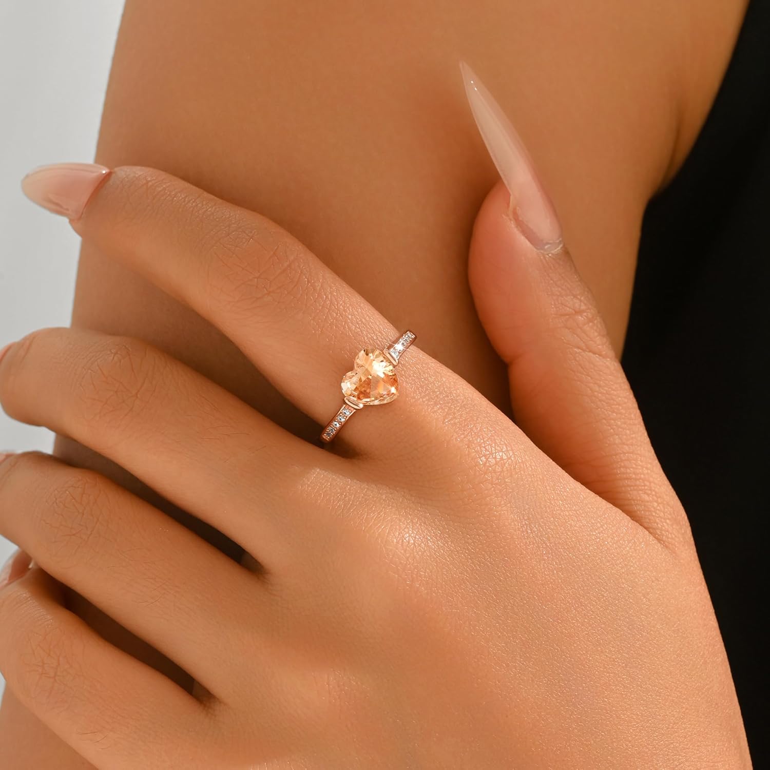 925 Sterling Silver Heart Ring for Women, 14K Rose Gold Plated Champagne Clear Cubic Zirconia Ring Gemstone Birthstone Love Heart Halo Promise Ring Gift for Engagement Wedding Mother's Day Size 6-8