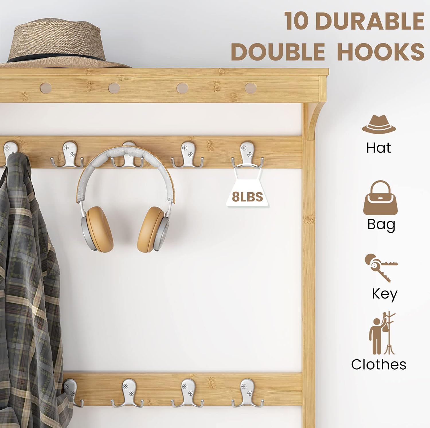 SEIRIONE Coat Rack Shoe Bench for Entryway with Storage Cubby Organizer, 5 In 1 Design Freestanding Hall Tree Furniture, 10 Hanger Hooks, 1 Upper Shelf, Solid Bamboo, Stylish Appearance, Natural