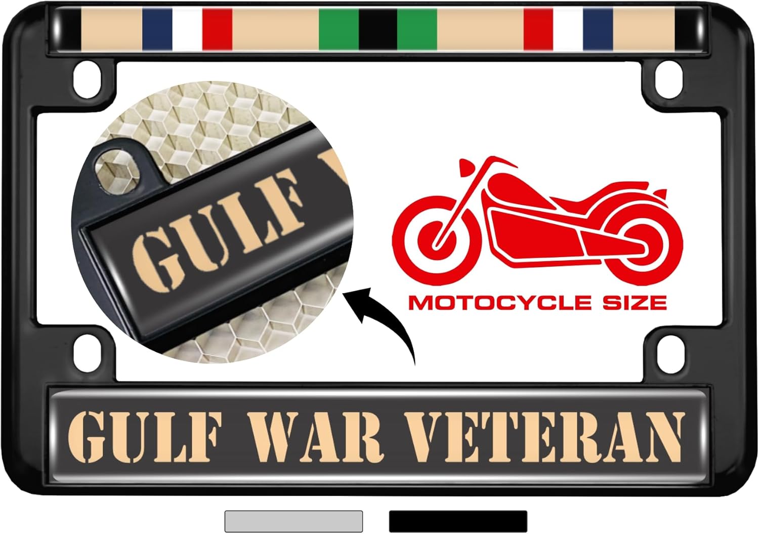 Motorcycle Metal License Plate Frame with Gulf War Veteran Design - Black