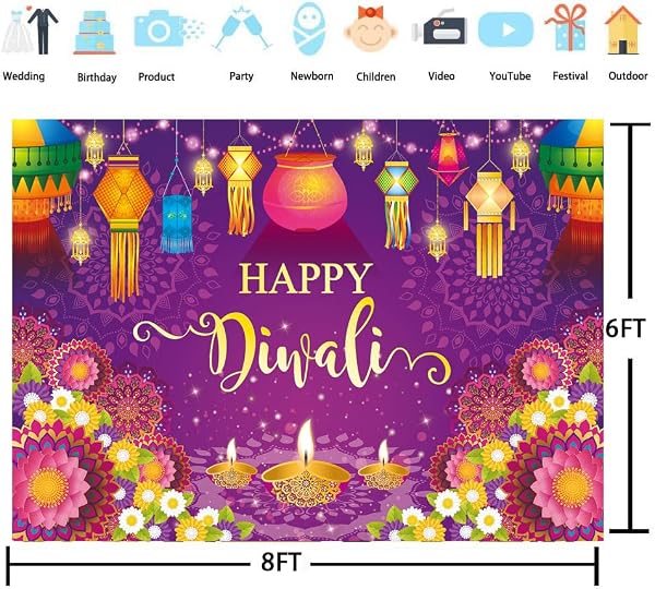 Happy Diwali Backdrop India Festival Party Decoration Background Indian Festival of Lights Banner for Home Indoor Outdoor Diwali Party Decor Banner (8x6FT（240x180cm）) by Generic - Image 5