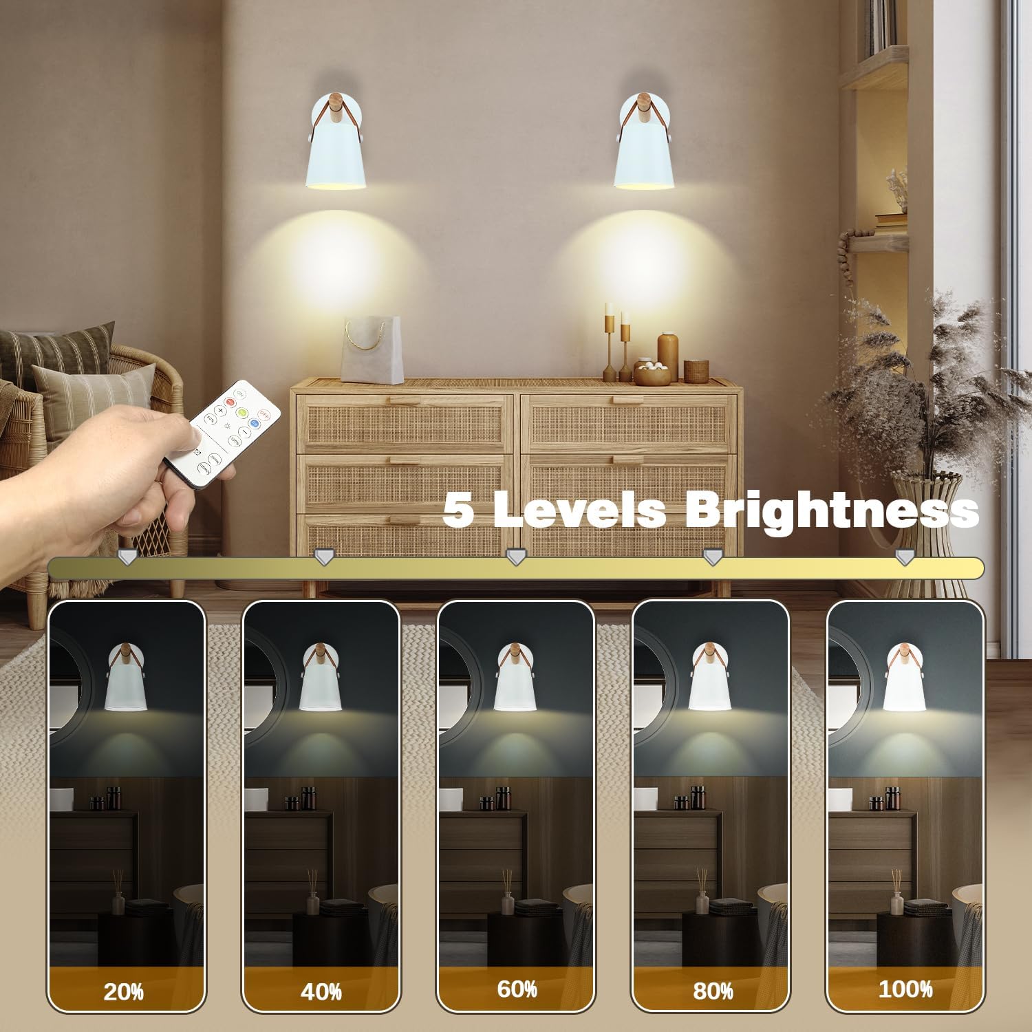 Battery Operated Wall Sconces Set of 3, Dimmable Battery Powered Wall Sconces Lamp, White Cordless Wall Sconce with Remote Control, Indoor Wireless Wall Mounted Lamp for Bedroom Living Room