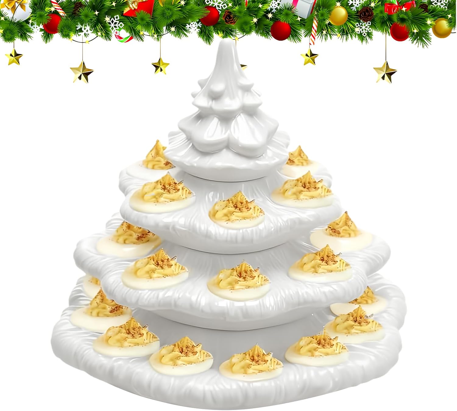 Deviled Egg Plate | 4 Layer Christmas Tree Shaped Platter | 26 Hole Appetizer Holder,for Holiday Gatherings Easter Wedding Barbecue Outdoor Parties Picnic