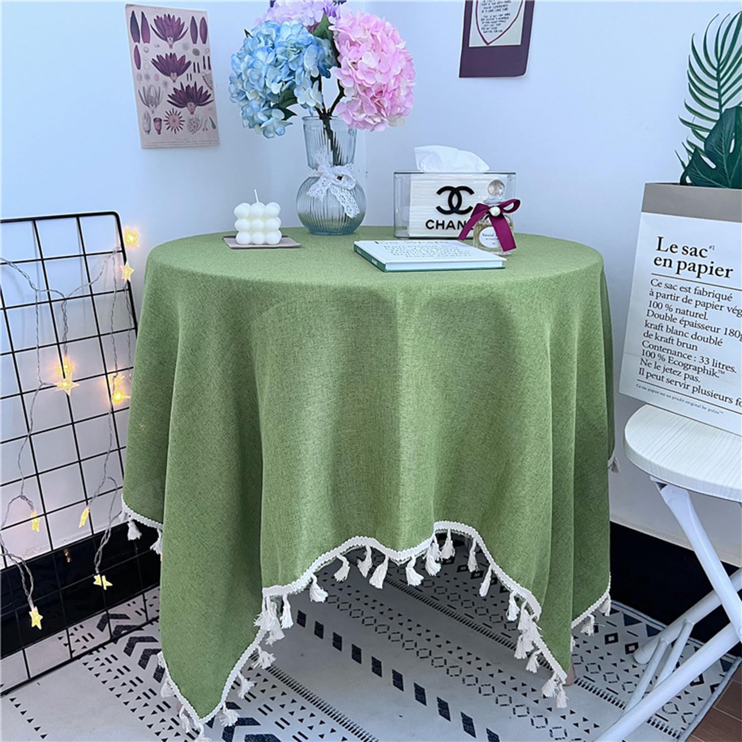 FOELANNE Embroidered Lace Tablecloth, Square Cotton Linen Tablecloth with Tassels, Washable, Multicolor, Multiple Sizes(Green,140x140cm)