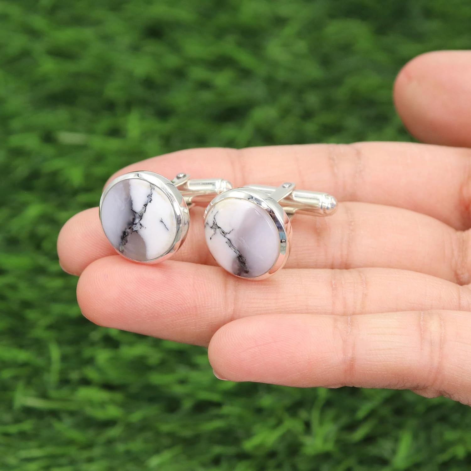 Dendritic Opal Cufflinks for Men – Natural Gemstone in 925 Silver, Groom Wedding Jewelry Gift