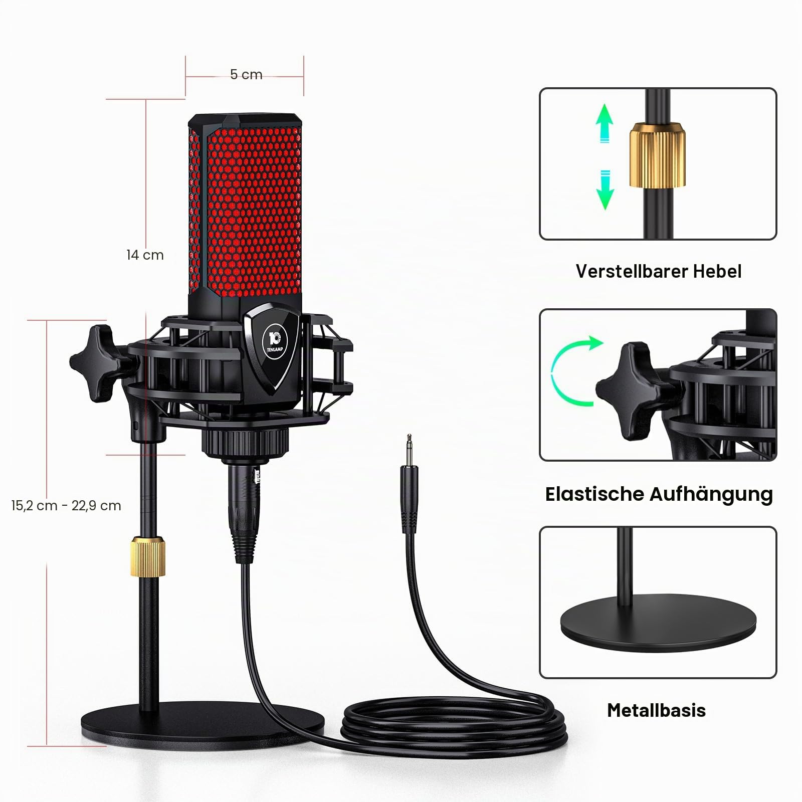 TENLAMP G3 Podcast-Equipment, Audio-Interface mit Soundeffekten, 3,5mm Kondensatormikrofon-Set, Tischstativ, Stimmenverzerrer, Rauschunterdrückung, für PC, Handy, Gaming, Gesang, Live-Streaming