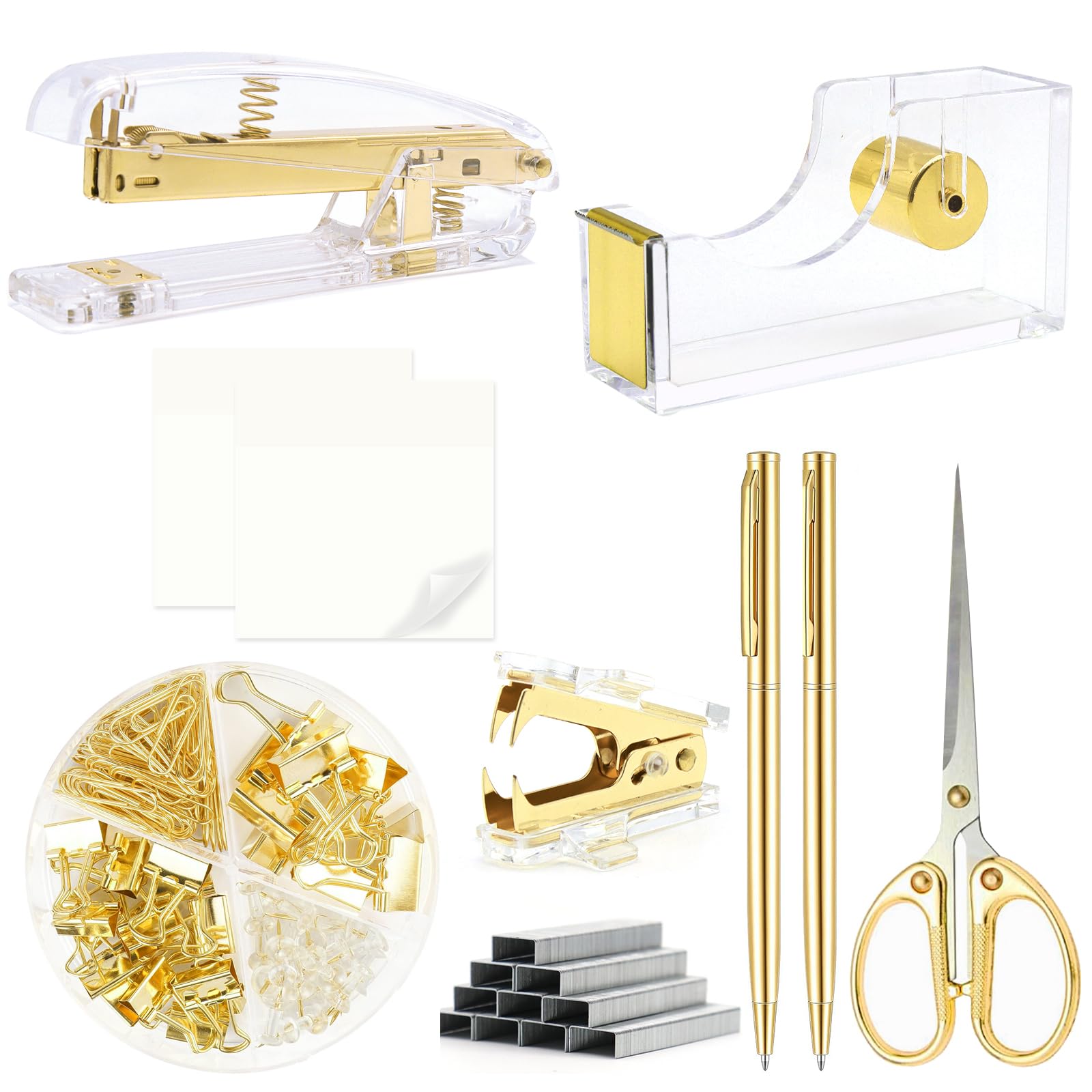 Gold Office Supplies,Gold Desk Accessories,Stapler and Tape Dispenser Set with Stapler,Tape Dispenser, Staple Remover, Staples, Clips,Scissor,Ballpoint Pen and Sticky Notes,Gifts for Office Clerks