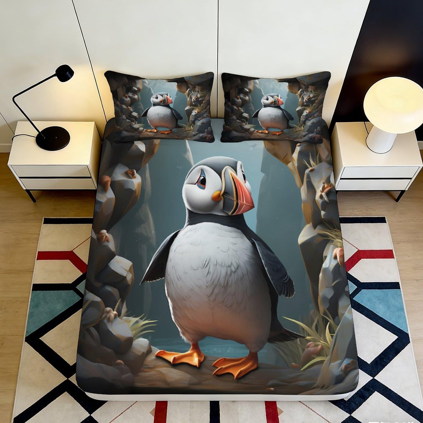 3D Printed Puffin Cliff Fitted Sheet Microfiber Soft Non-slip Ocean Bird Mattress Cover for Bedroom Decor 90x200x25cm