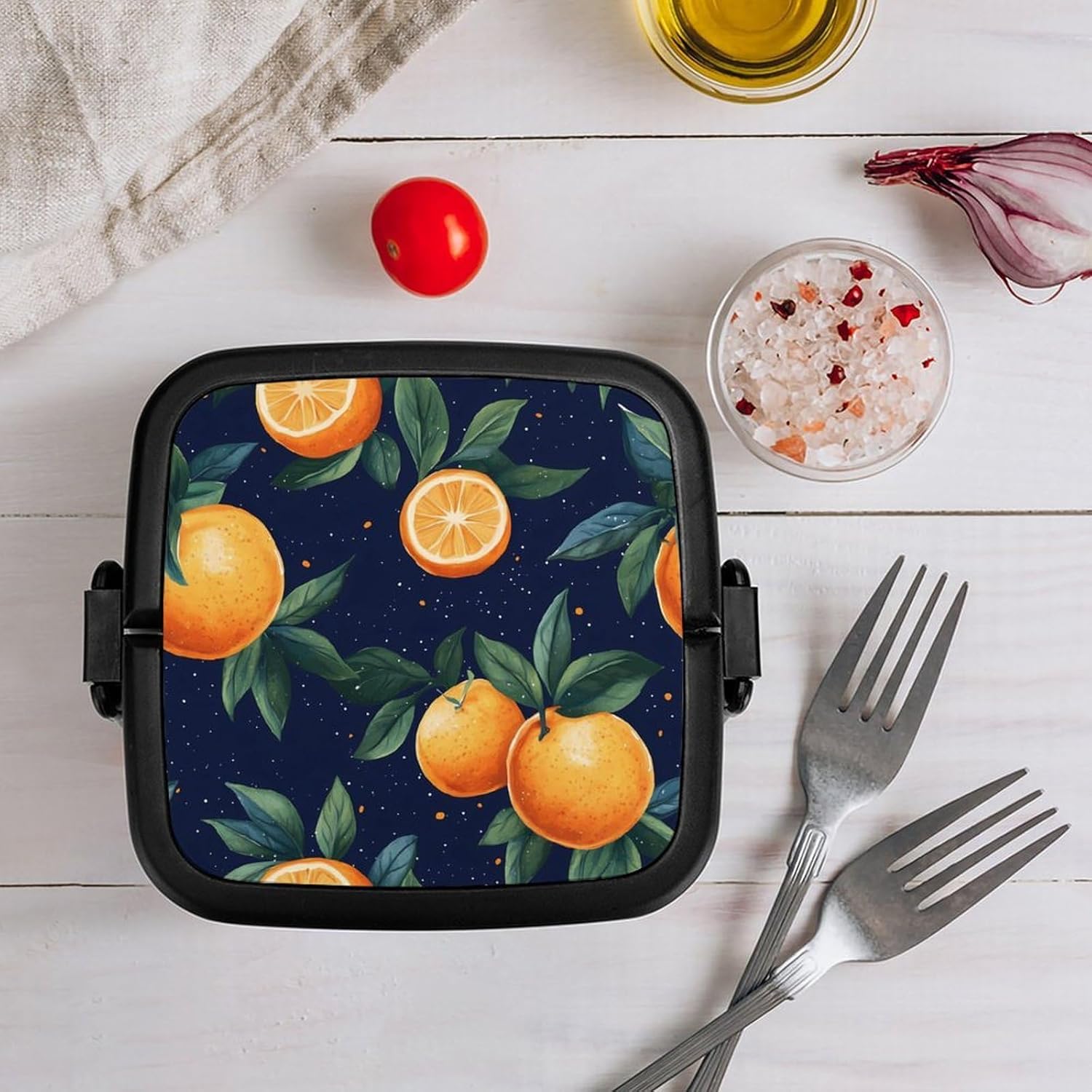 Oranges Tropical Fruits Bento Box with Spoon 2 Layer Food Container Cute Lunch Box for Travel Dining Work