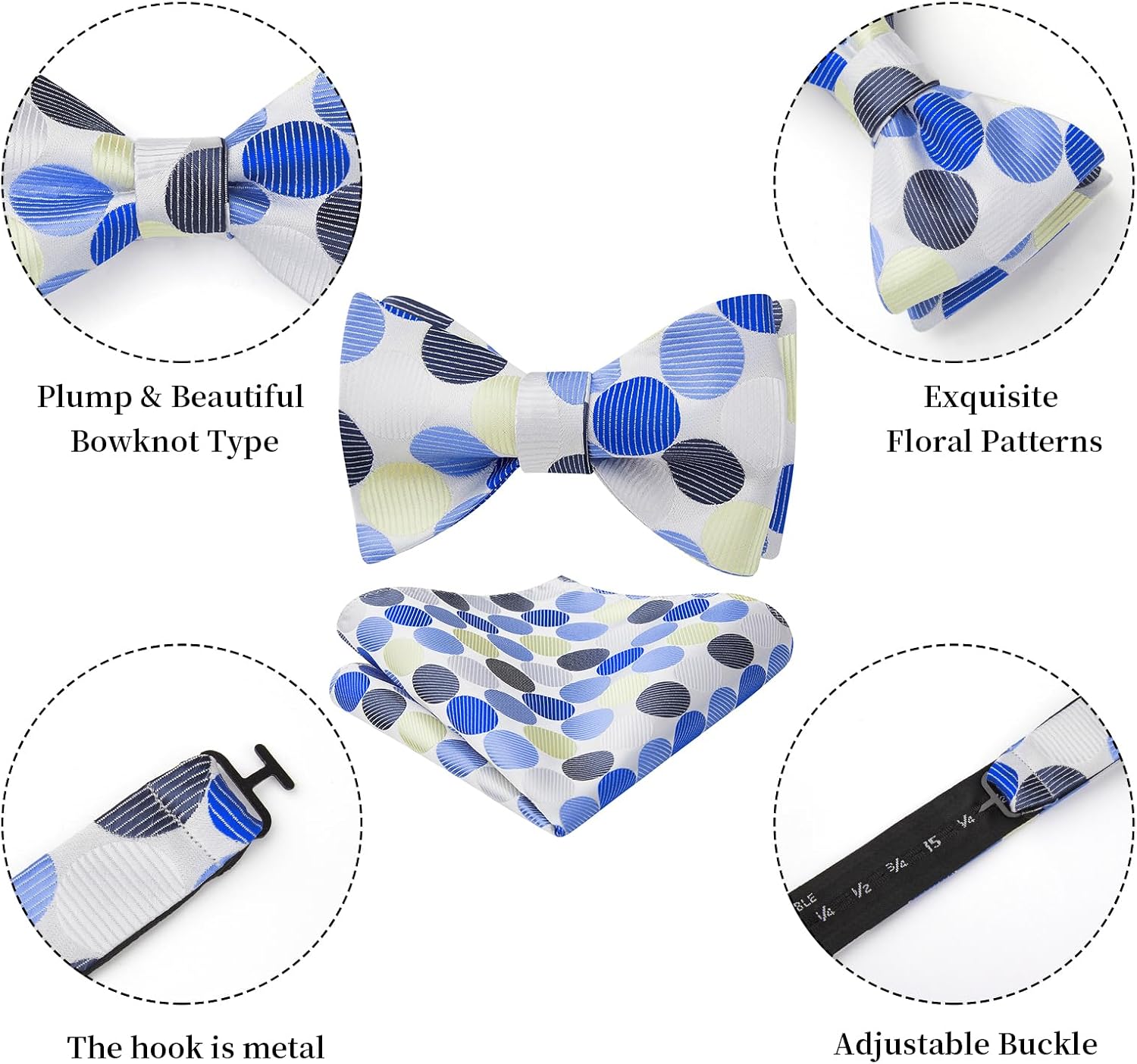 HISDERN Bow Ties for Men Polka Dot Selftie Bowtie and Pocket Square Classic Business Tuxedo Wedding Bowties Handkerchief