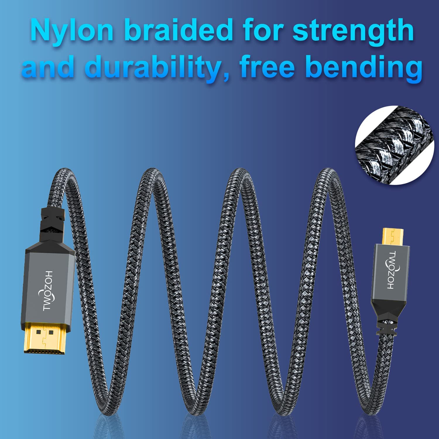 Twozoh Long Micro HDMI to HDMI Cable 30FT, HDMI to Micro HDMI Braided Cord Support 1080p GoPro Hero 7/8/9 Raspberry Pi 4 Sony A6000 A6300 Camera Nikon B500 Yoga 3 Pro