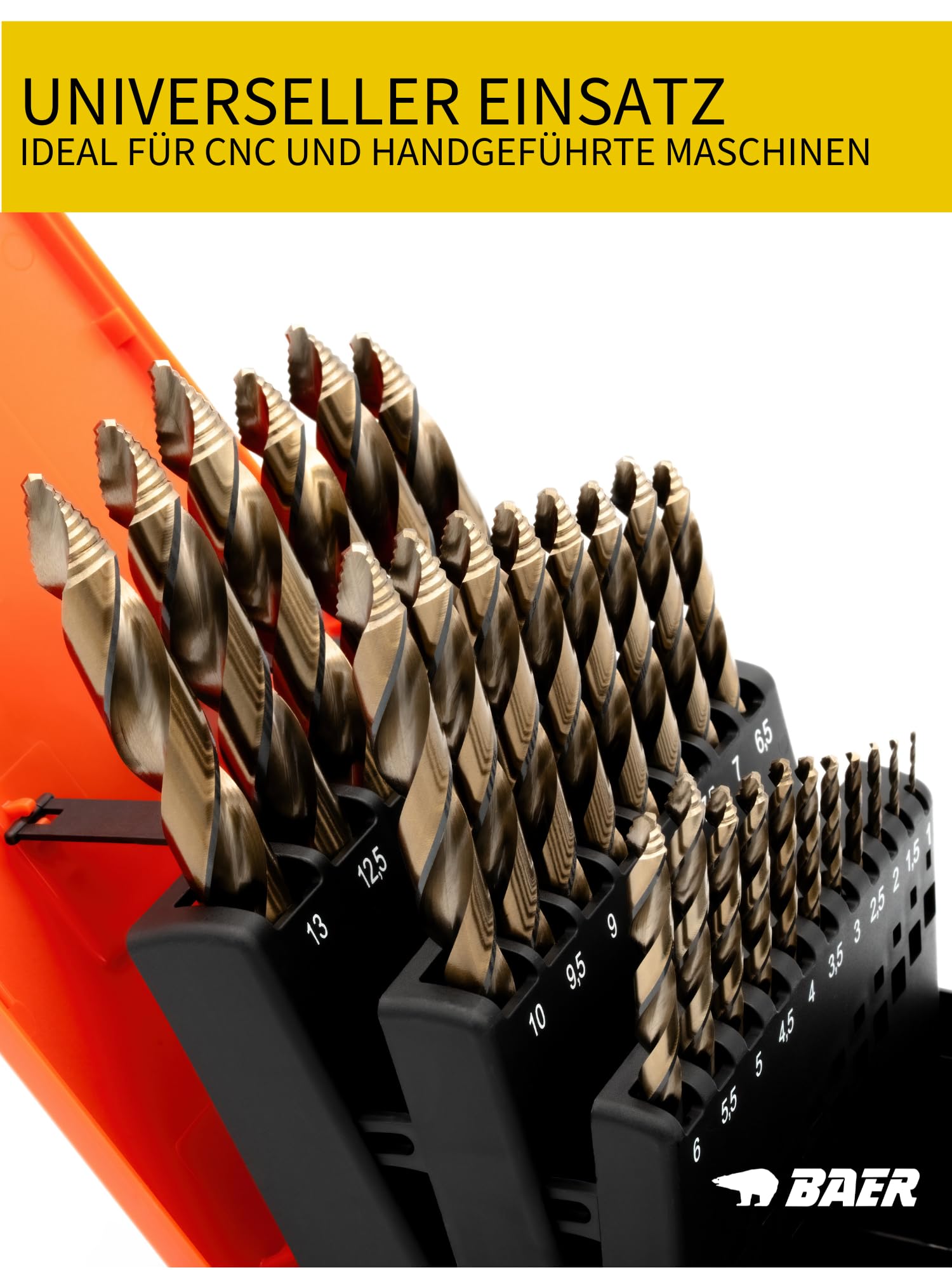 BAER Juego de brocas helicoidales (0,5 mm aumentando) 1-13 mm HSSE/Co5 Turbo Centrix | Juego de brocas 5% de aleación de cobalto HSSE de alta velocidad | Juego de brocas en espiral