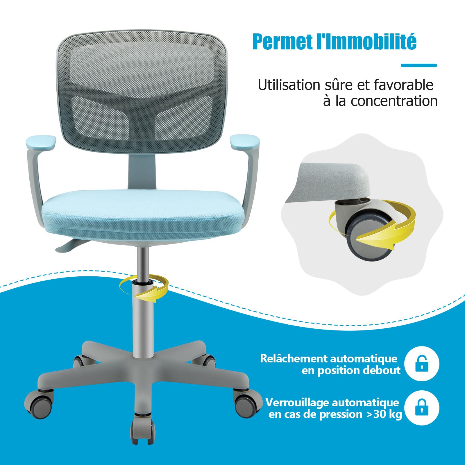 DREAMADE Chaise de Bureau Enfants en Maille,Fauteuil Pivotante Ergonomique Enfant avec Hauteur Réglable&Dossier&Accoudoirs,Siège à roulettes Fille Garcon 3-10 Ans,Charge 150kg (Bleu)