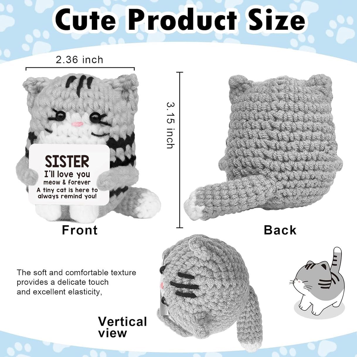Positive Crochet Cat Emotional Inspirational Support Birthday Gifts for Sister,Handmade Knitted Cat for Women Coworker Friend Student Birthday Christmas Support Small Gifts