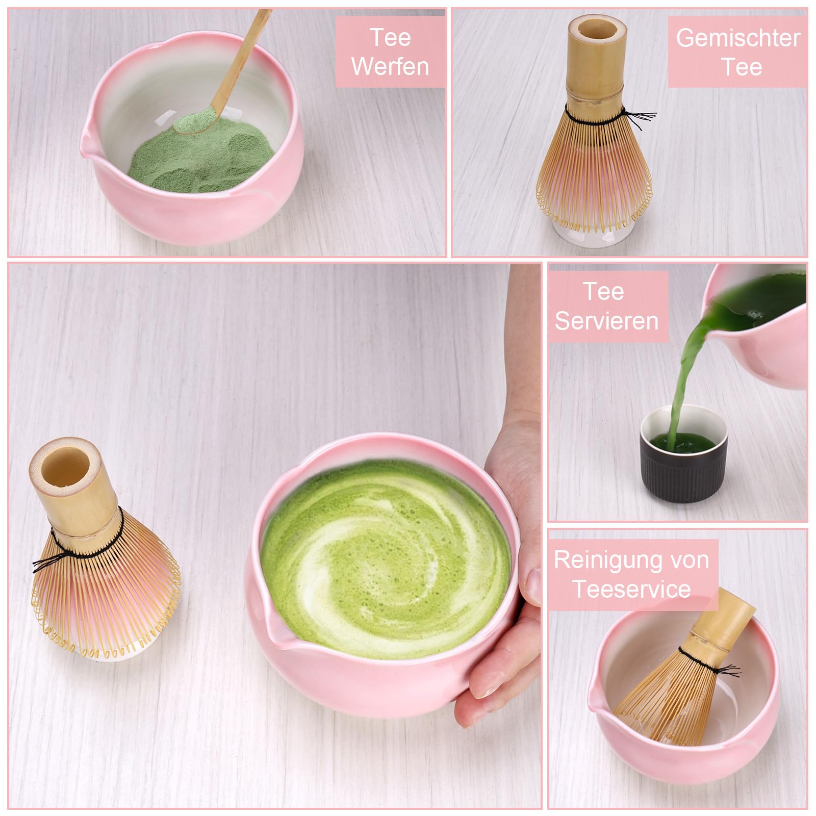 Matcha, set matcha, rosa, a forma di petale, ciotola per matcha, con beccuccio, agitatore e supporto, cucchiaio per matcha, set da tè matcha, set da 4 pezzi, rosa per gli amanti del matcha