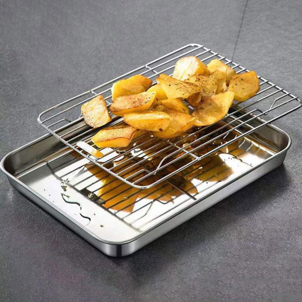 2sets Stainless Steel Baking Tray with Wire Rack Non-stick Baking Sheet and Cooling Rack for Cookies Bread and Pastry Kitchen Essentials