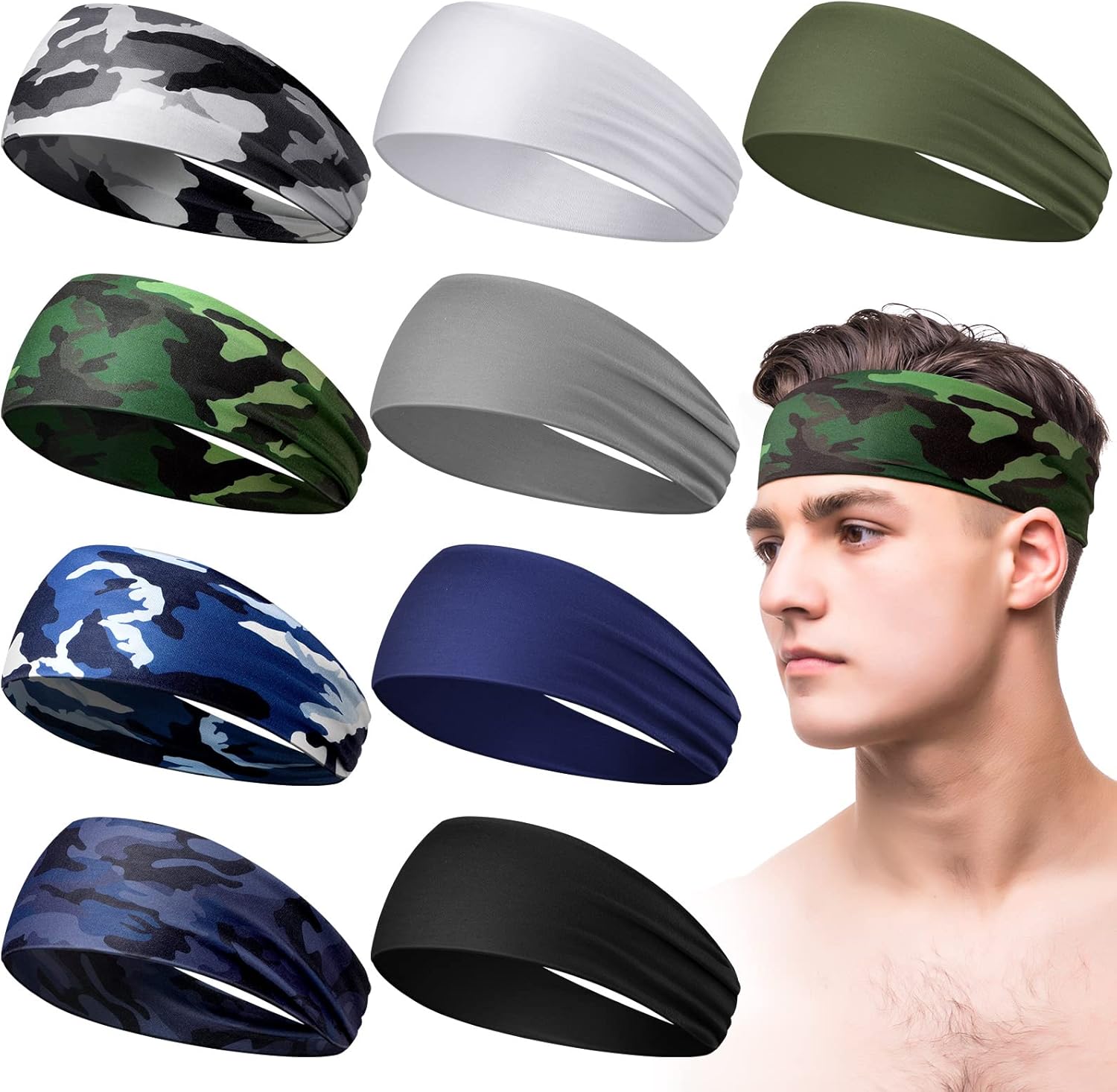 Men's Sweatbands for Workout and Sports - Camo Headband, Sweat Absorbing Wide Headband for Basketball, Football, Cycling, Running, Yoga, 4.7 x 9.8 Inch