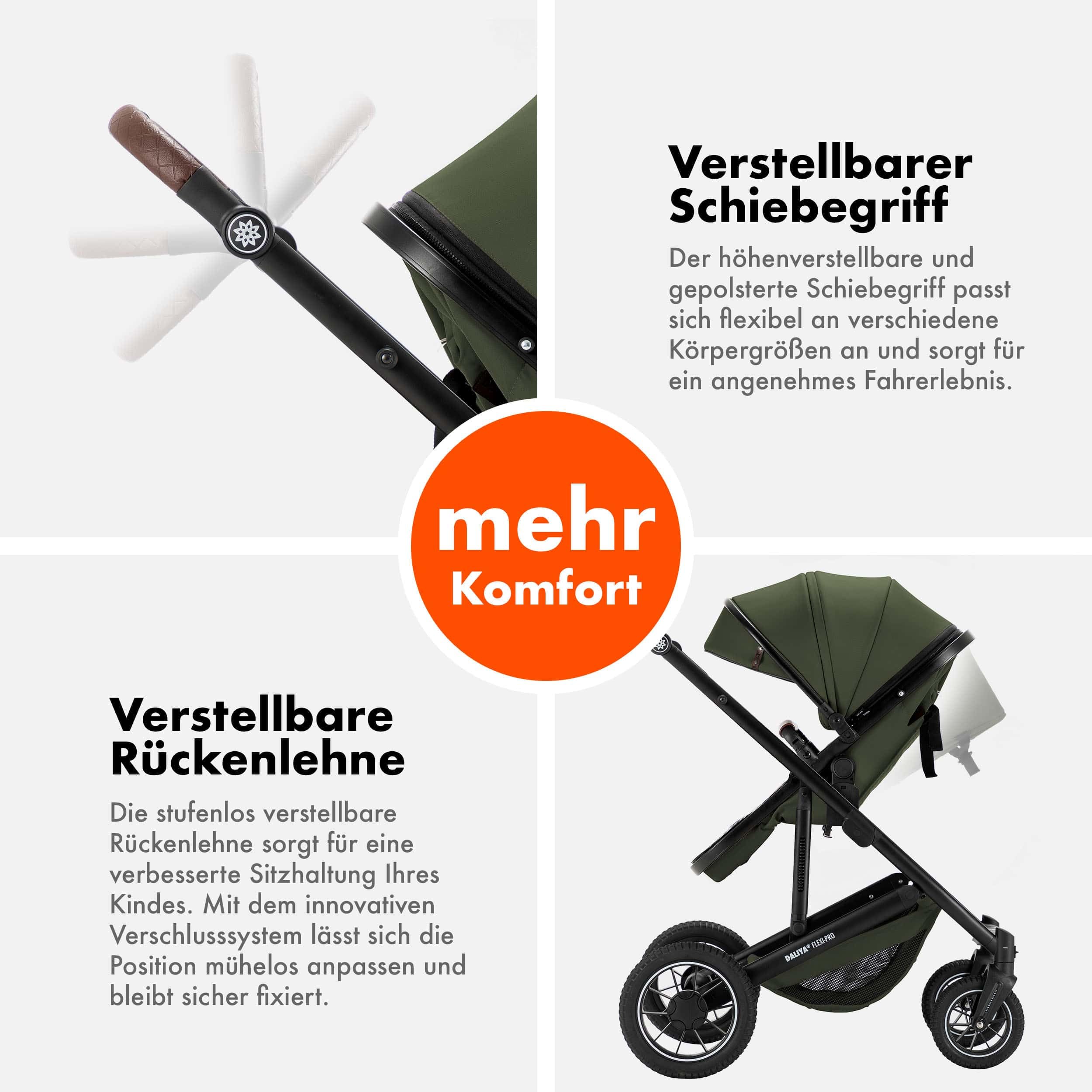Daliya® FLEXI-PRO M 3in1 Kinderwagen & Buggy mit i-Size Babyschale, Viel Zubehör (Olivgrün)