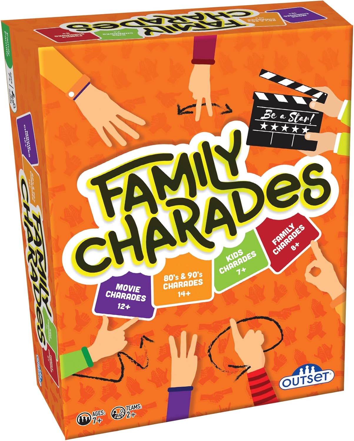 Outset Media Family Charades Game; 4 Games in 1 Box. Includes Movie, 80's 90's, Kids, Family Trivia for 2 or More Players, Ages 7 and up.