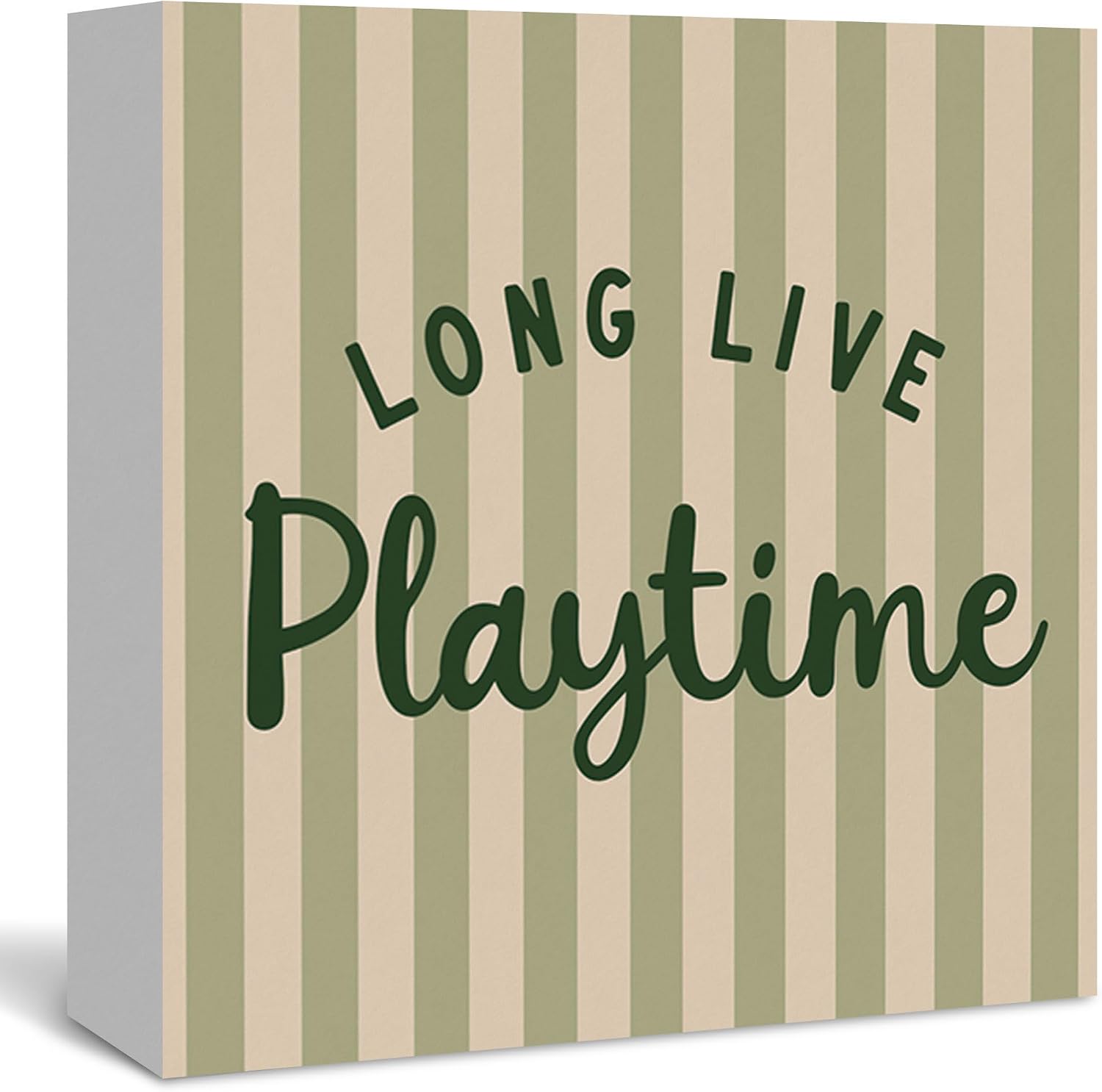 Long Live Playtime Wooden Box Desk Sign, Nursery Playroom Classroom Wood Desk Decor for Home Baby Boys Girls Kids Room Bedroom, Sage Green Striped Decor for Shelf Table Accessories 5x5