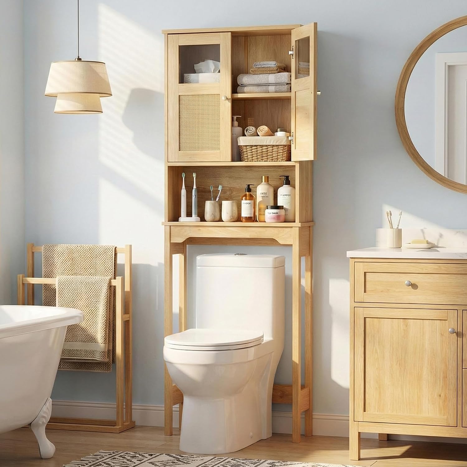 Karl home Over The Toilet Storage Cabinet Bathroom Organizer Over Toilet Free Standing Above Toilet Rack with Adjustable Shelf, Open Shelf, Acrylic Glass Doors, Wood