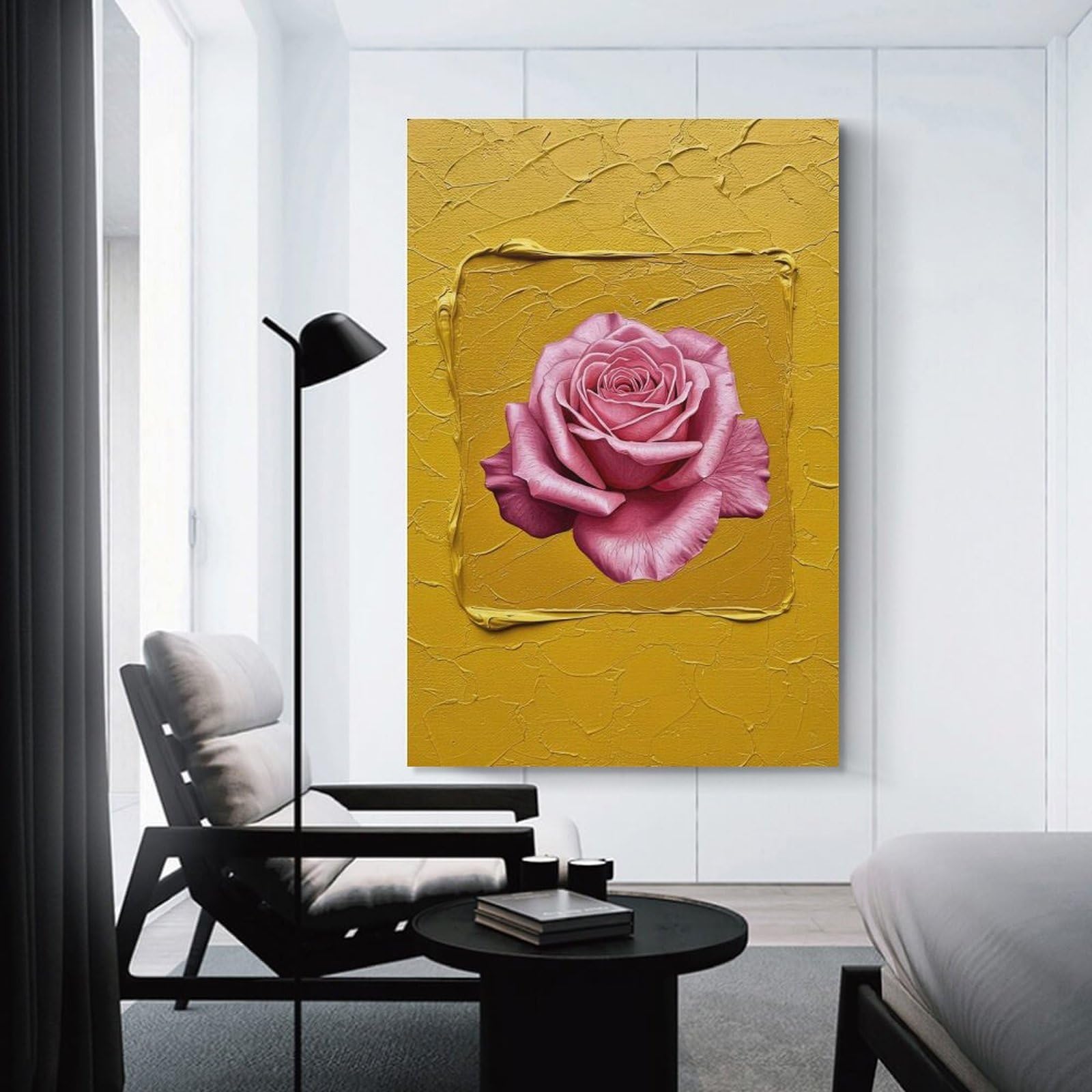 Junmoney Unframe-Style-23 Pink Rose On Textured Yellow Background Canvas Wall Decor, 20X30inch(50X75cm), For Wall Displays, Bedrooms Or Room Updates, Wall Decor Suited To Curated Displays