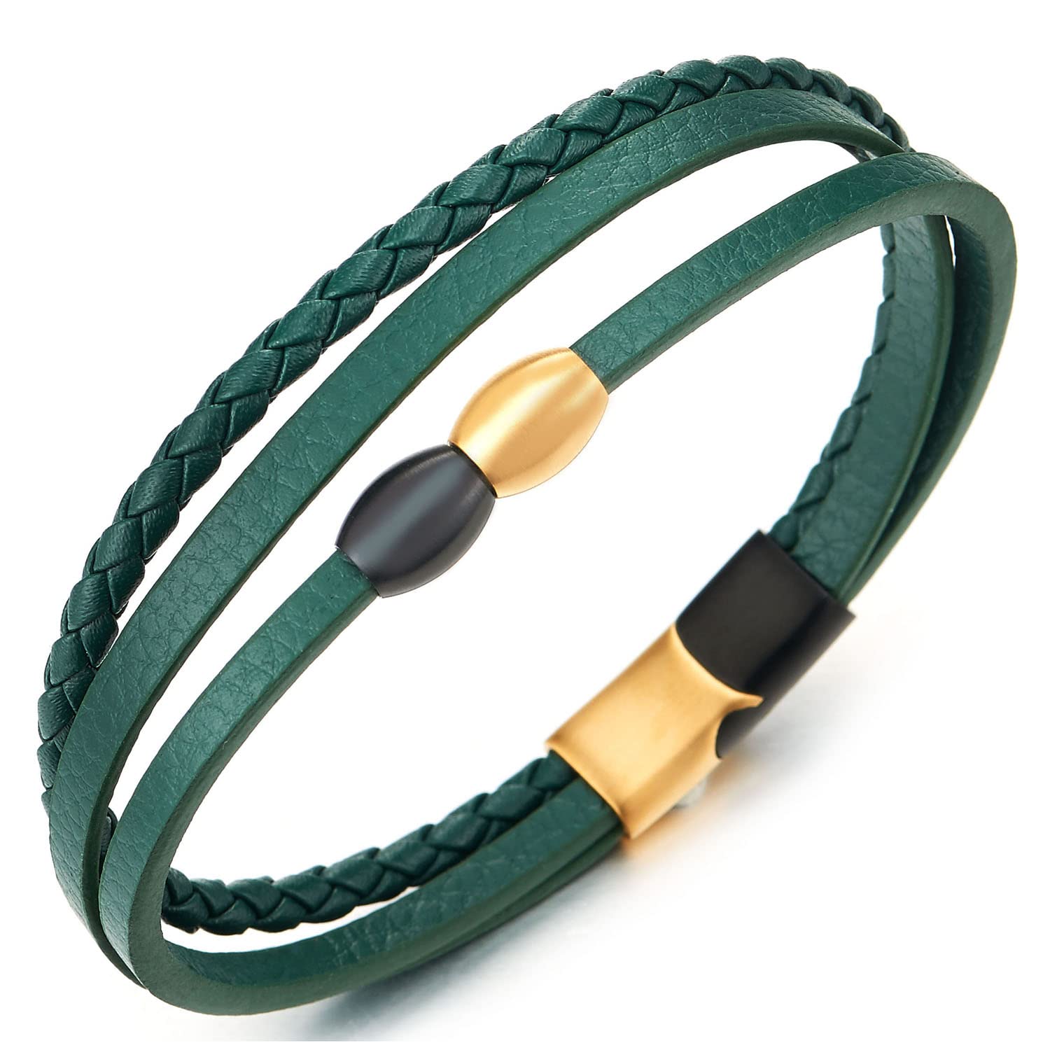 COOLSTEELANDBEYONDHombre Mujer Multi-Hilo Azul Marino Cuero Trenzado Tejido Pulsera del Abrigo con Acero Inoxidable Cierre Magnético