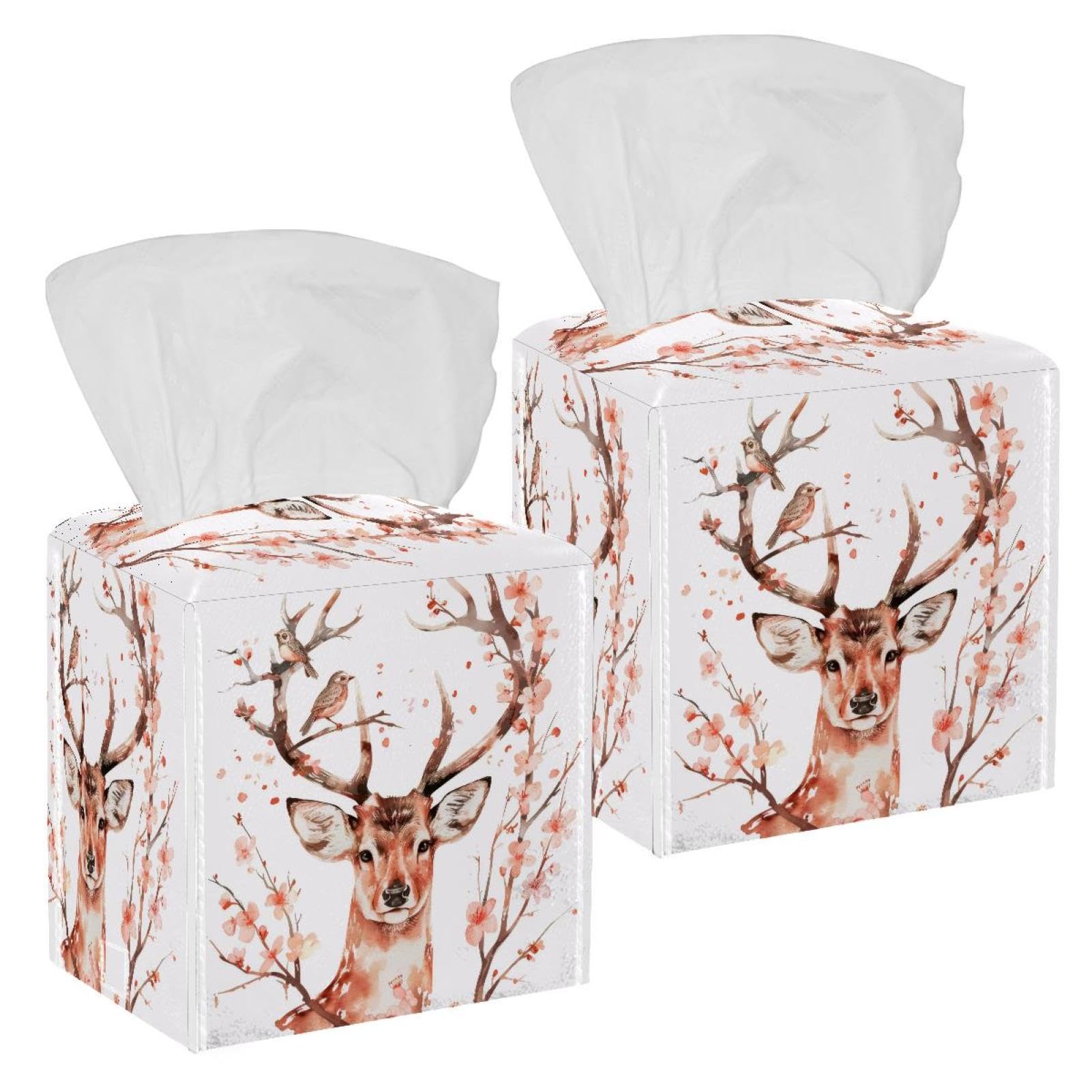Deer Head Tissue Box Cover, 2 Pack PU Leather Square Facial Tissue Dispenser Box holder for Home Office Car