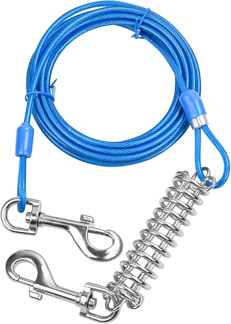 Dog Tie Out Cable, 3m Dog Pet Heavy Cable, Dog Runner with Shock Absorbing Spring, Dog Tethering Lead with Durable Spring and Metal Swivel Hooks