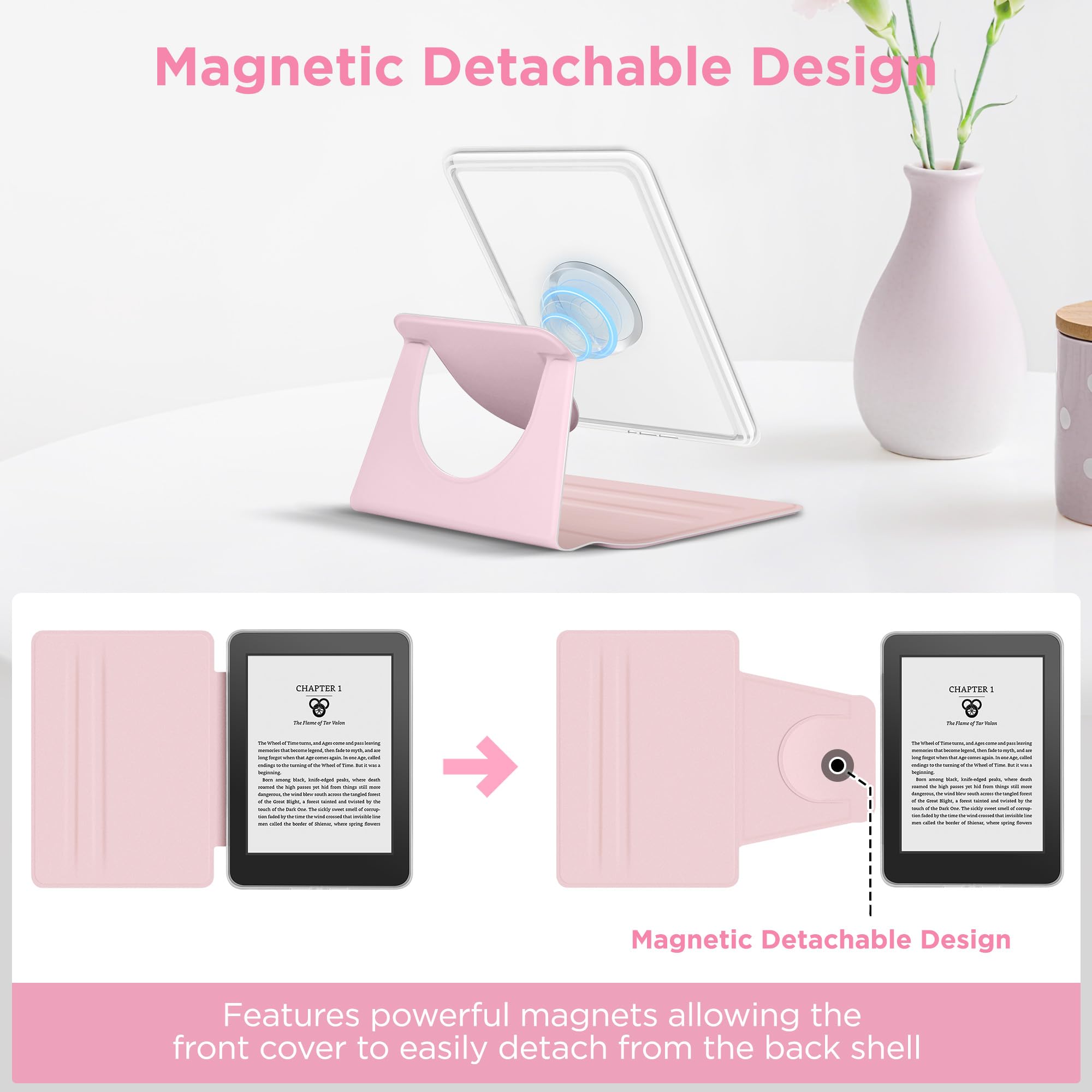 Vane Oak Magnetische, abnehmbare 2-in-1-Ständerhülle mit Anti-Rutsch-Rillen für Kindle 2024 und 2022 (11 Generation), schlanke PU-Schutzhülle mit automatischer Wake/Sleep-Funktion, Rosa