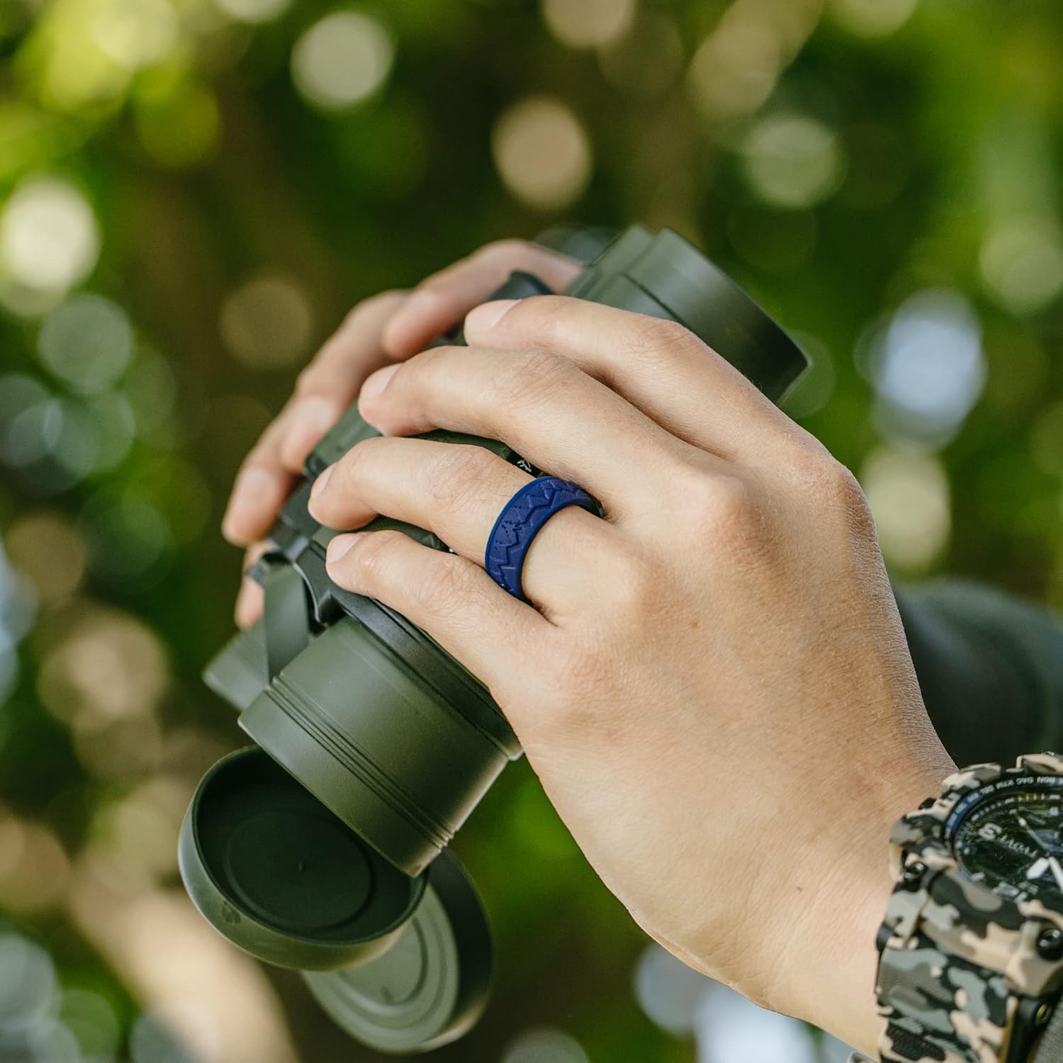 ThunderFit Silicone Wedding Rings for Men, Rubber Engagement Bands 9mm Wide 2mm Thick (Forest and Mountains 2 - Grey A, Black, Dark Blue B, Olive Green - Size 10.5-11 (20.6mm))