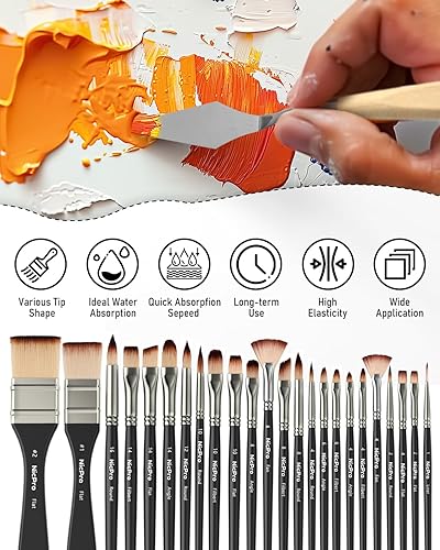 Miniatura 9 de Nicpro Juego de 26 pinceles de pintura, pinceles profesionales con cuchillo de paleta, pinceles de pintura para manualidades para pintura acrílica,