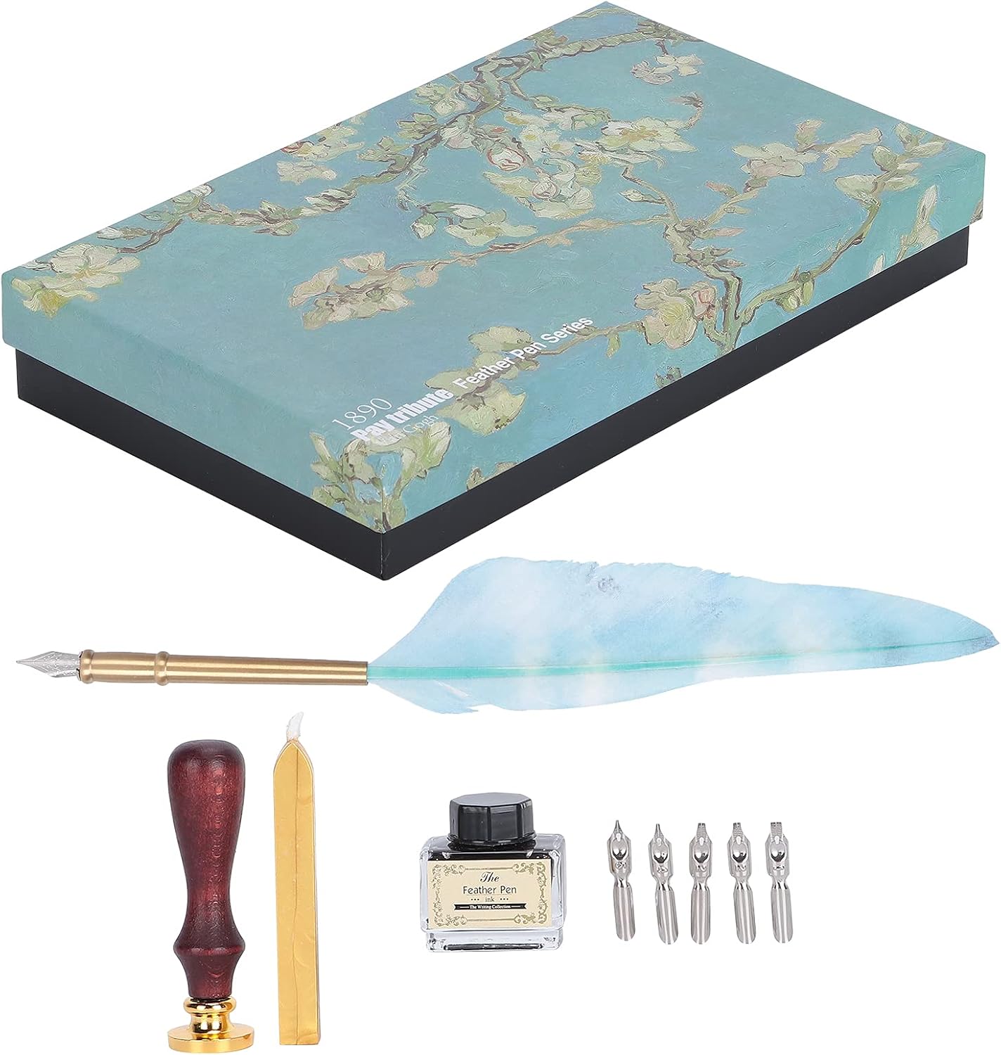 Pen Dip Calligraphy Kit, Vintage Quill Pen with Lacquer Stamp Tool, 5 Replaceable Tips for Writing Sketching Drawing, Decorative Gift Box for Artists Teachers (apricot blossom)