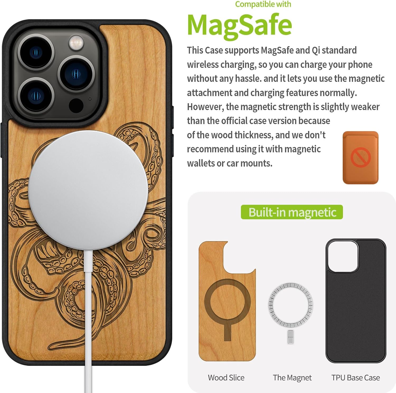 Carveit Magnetic Wooden Case for iPhone 15 Pro Case, Compatible with MagSafe Wireless Chargers, Black Soft TPU Shockproof Cover & Wood Artisan Engraved (Octopus Drawing) - Cherry