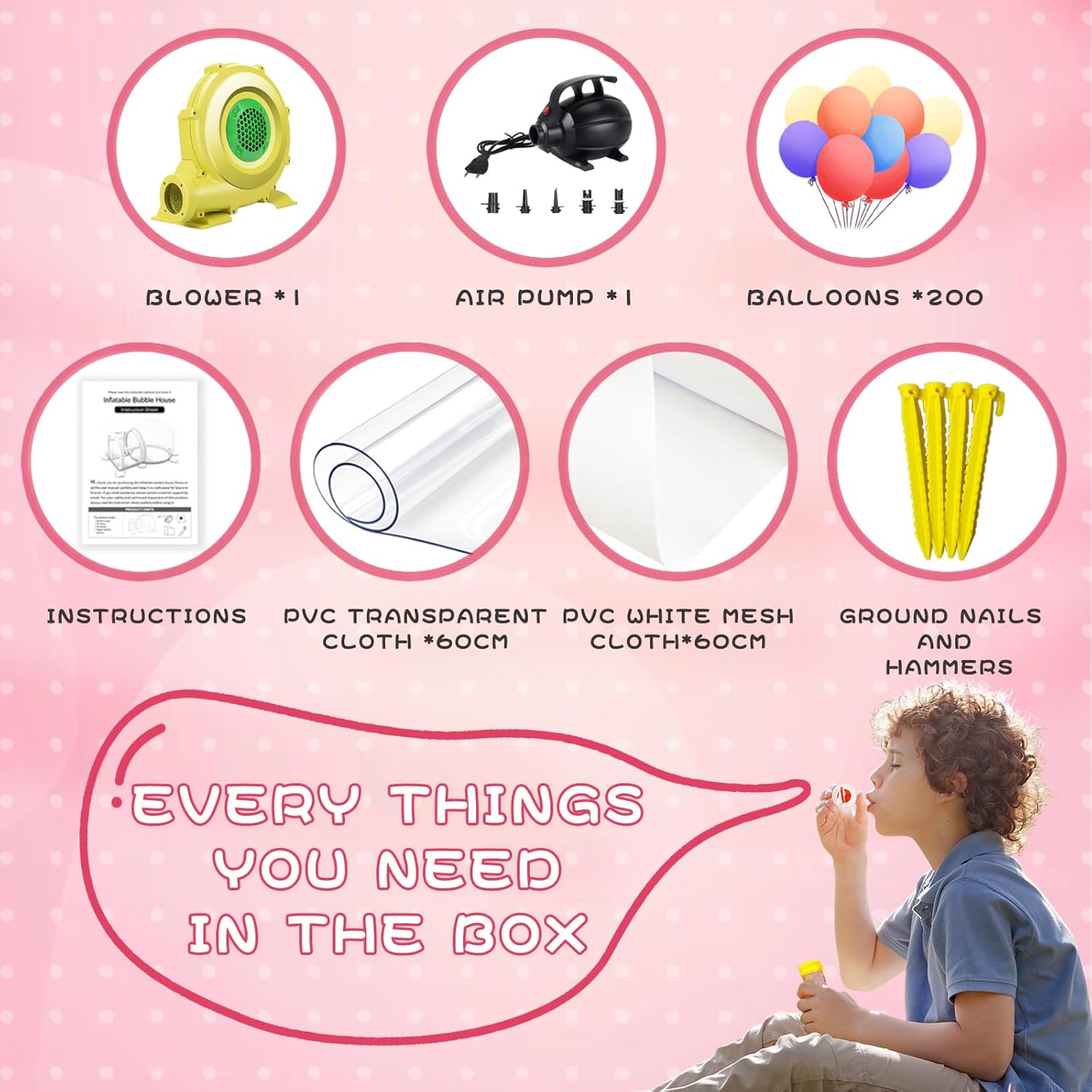 Inflatable Bubble House Dome 9FT for Kids/Adults, Commercial Grade PVC Bubble Balloon Tent with 4'L Tunnel, Outdoor Transparent Playground Set for Backyard Birthday Wedding Party,Gender Reveal