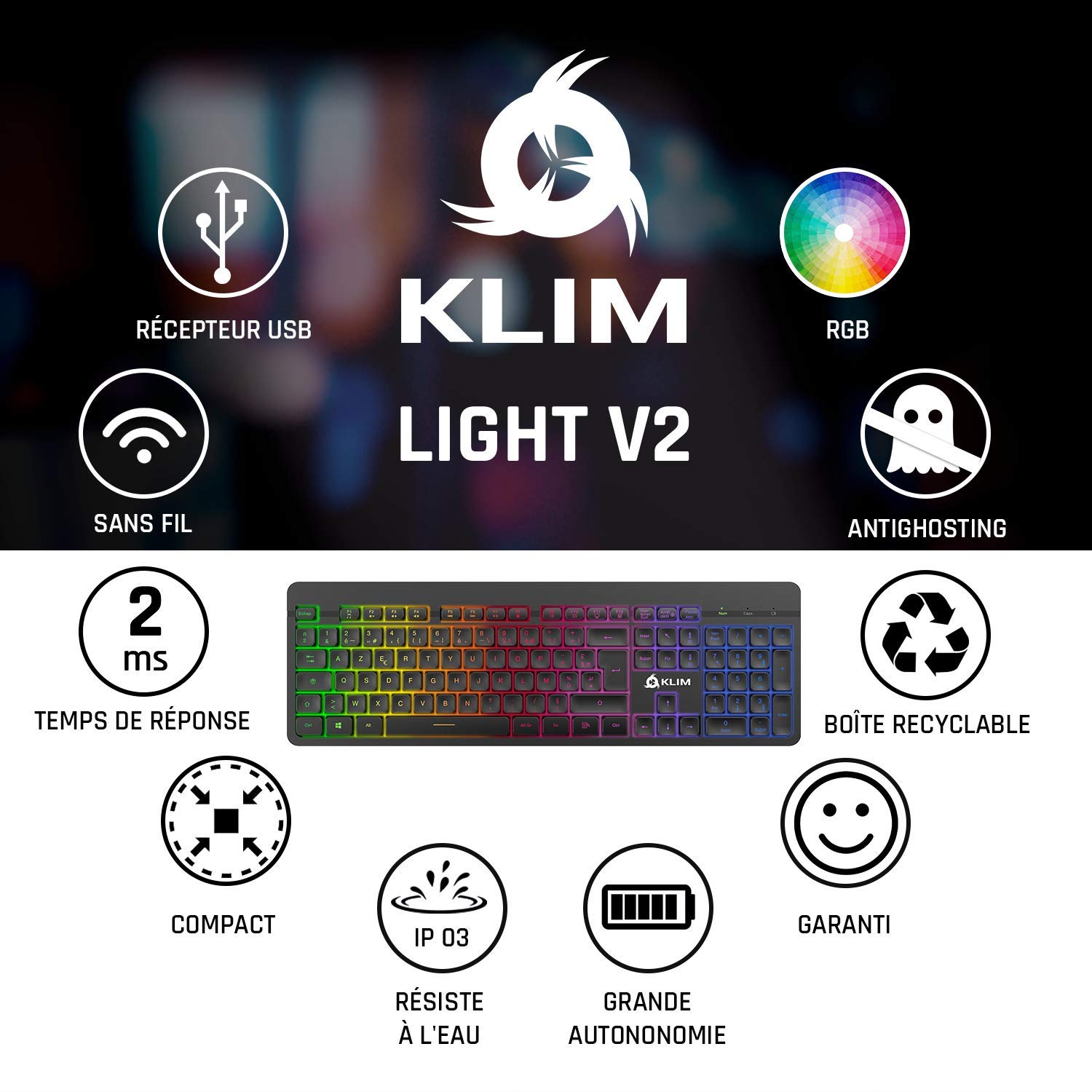 KLIM Light V2 Clavier sans Fil AZERTY + Nouveauté 2024 + Fin, Discret, Waterproof, Silencieux + Clavier Gamer rétroéclairé pour PC Mac PS4 PS5 + Batterie Intégrée Longue Durée