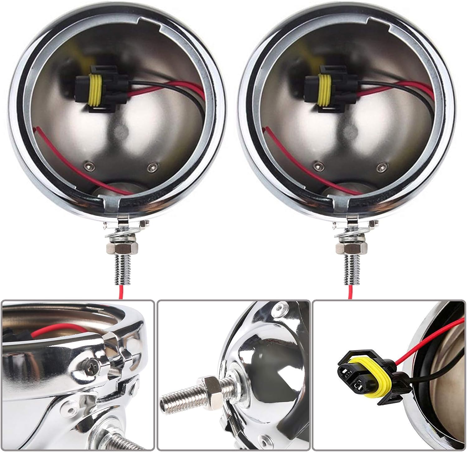 Motorcycle Passing Lights, Chrome 4.5 Inch LED Fog Light with Housing Bucket compatible with Road King Touring Electra Glide Heritage Softail