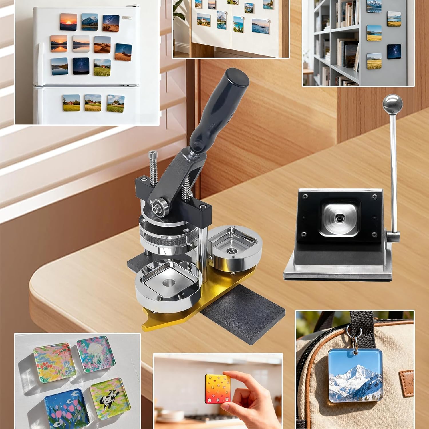 Magnes Maker Maszyna do robienia magnesów fotograficznych, DIY Magnesy na lodówkę Maszyna do robienia pinów, ze 100 zestawami materiałów eksploatacyjnych + maszyna do cięcia papieru, maszyna do