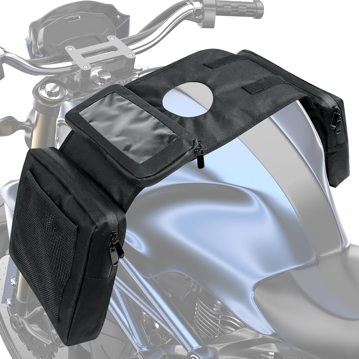 Universal ATV Tank Saddle Bag, Waterproof Motorcycle Fuel Tank Bag with Phone Pocket, Durable Synthetic Storage Bag Compatible with UTV Quad Bike Snowmobile, Black atv Saddle Bag
