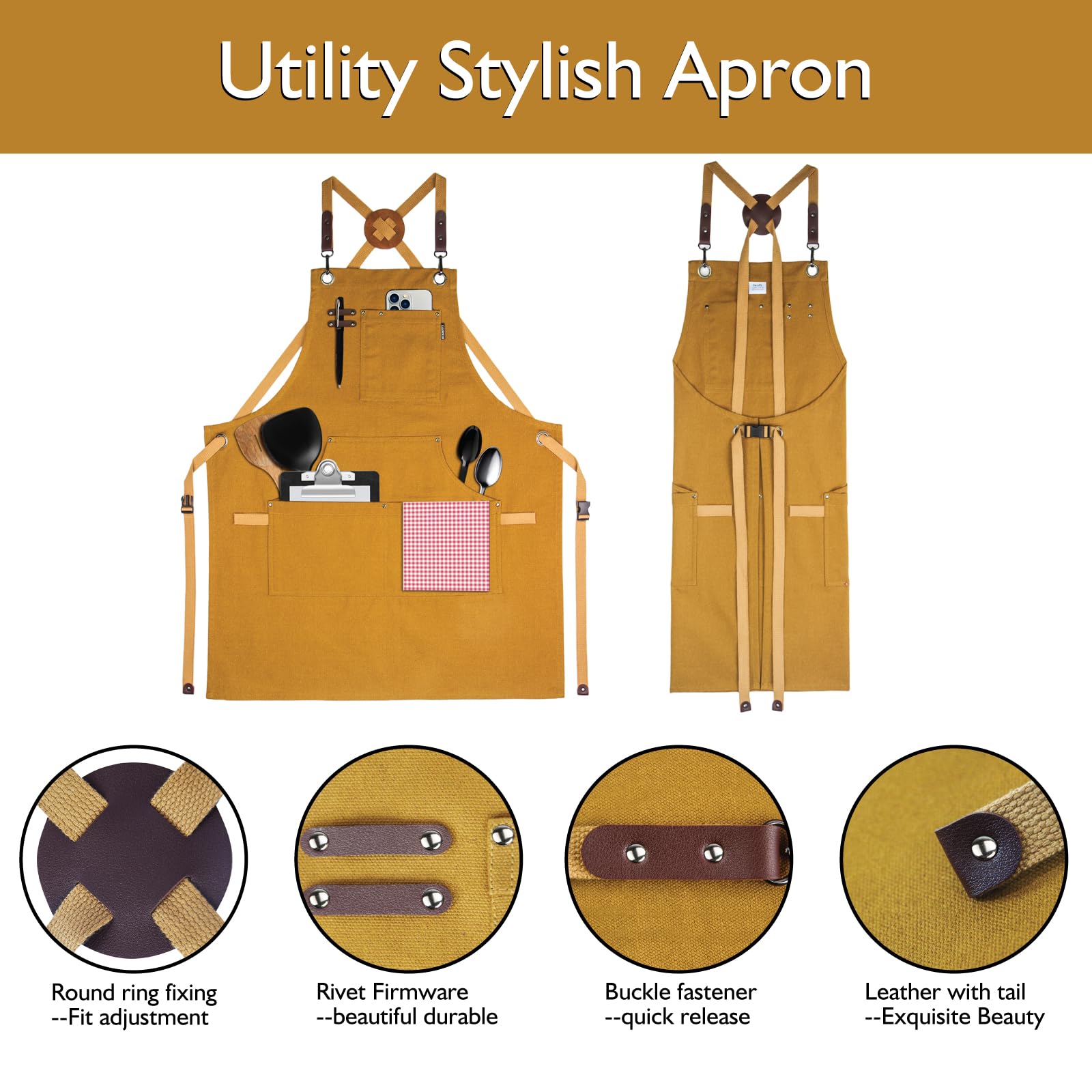 Stenffy Kitchen Apron, Work Apron, Multiple Pockets for Gardening Artist, Painting, BBQ, Carpenter, Sizes M to XXL, Khaki - Image 3