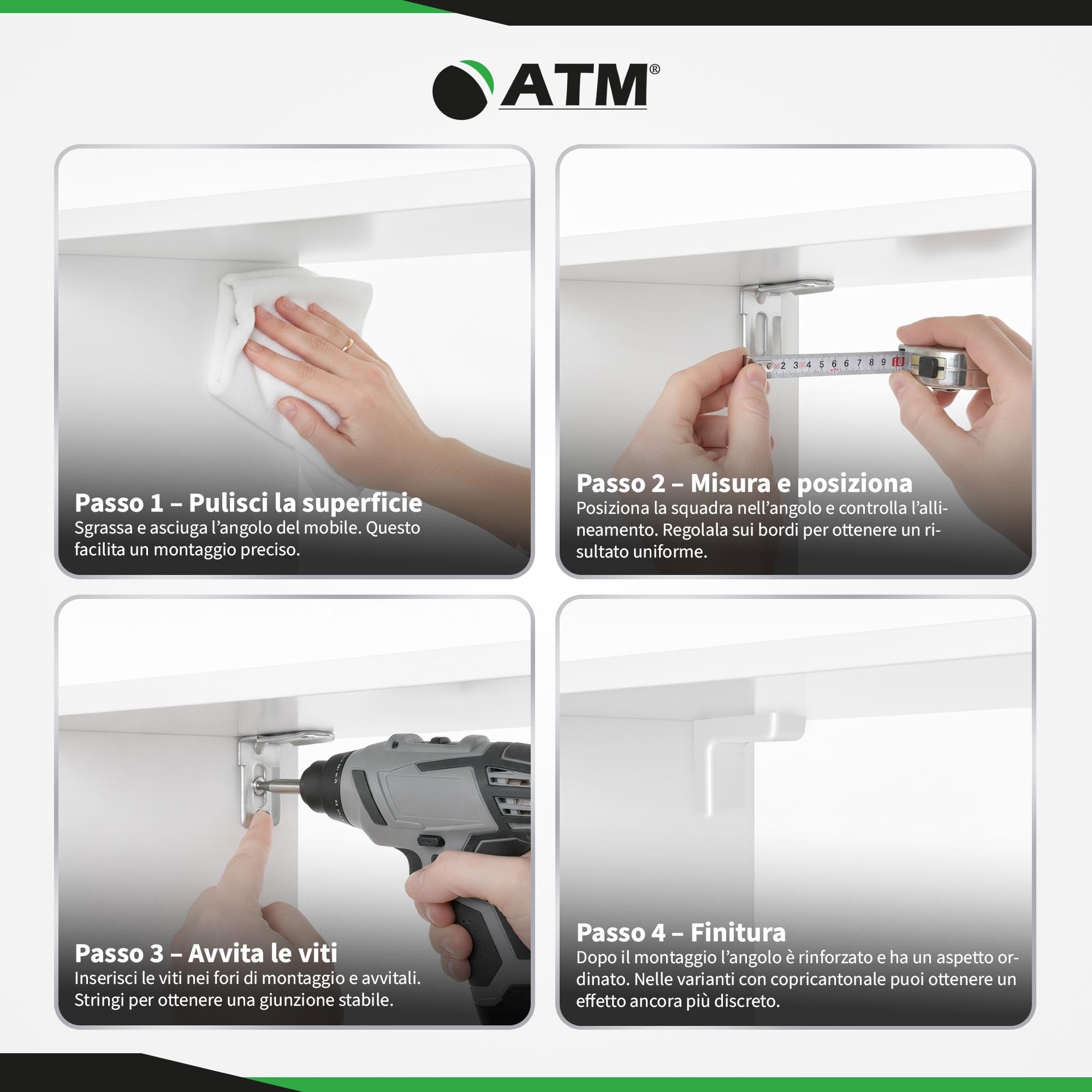 ATM Squadretta Angolare con Copertura Acero – Connettore per Mobili in Acciaio Zincato 90°, Rinforzo per Armadio, Scaffale, Tavolo, Sedia, Letto – Set di 20