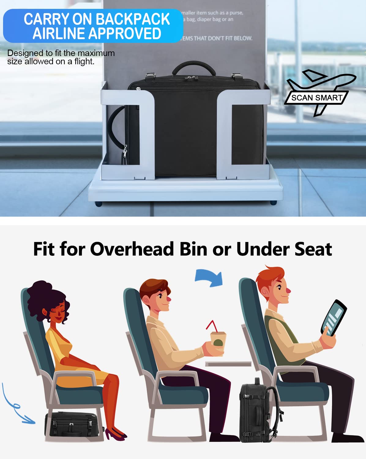 Getravel Mochila de viaje aprobada por aerolíneas, artículo personal, mochila de viaje para hombres y mujeres