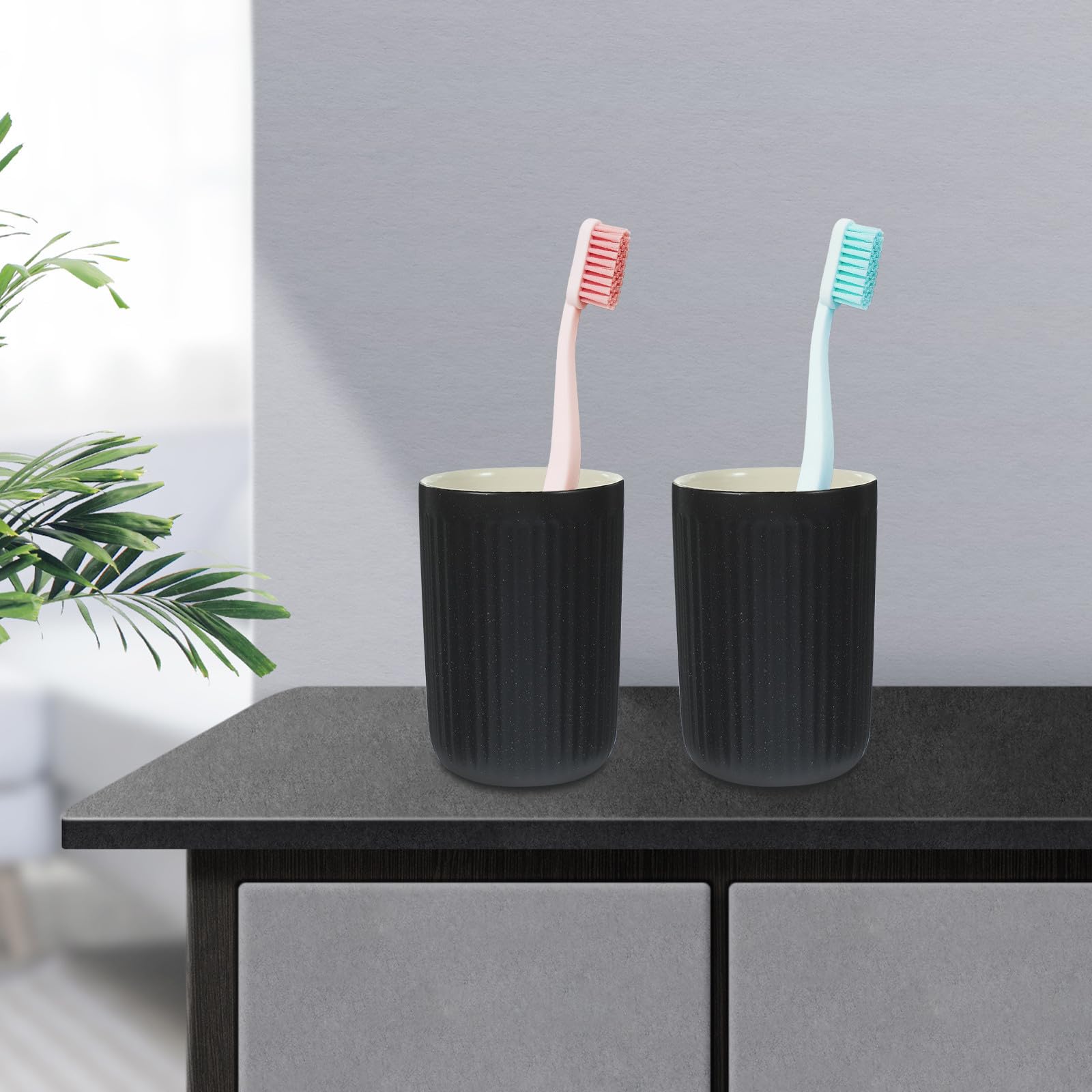 GALPADA Juego de 2 Vasos para Cepillo de Dientes de Cerámica Negra de 300ml, Fácil de Limpiar Bordes Suaves, Adecuado para Baño y Uso en Casa