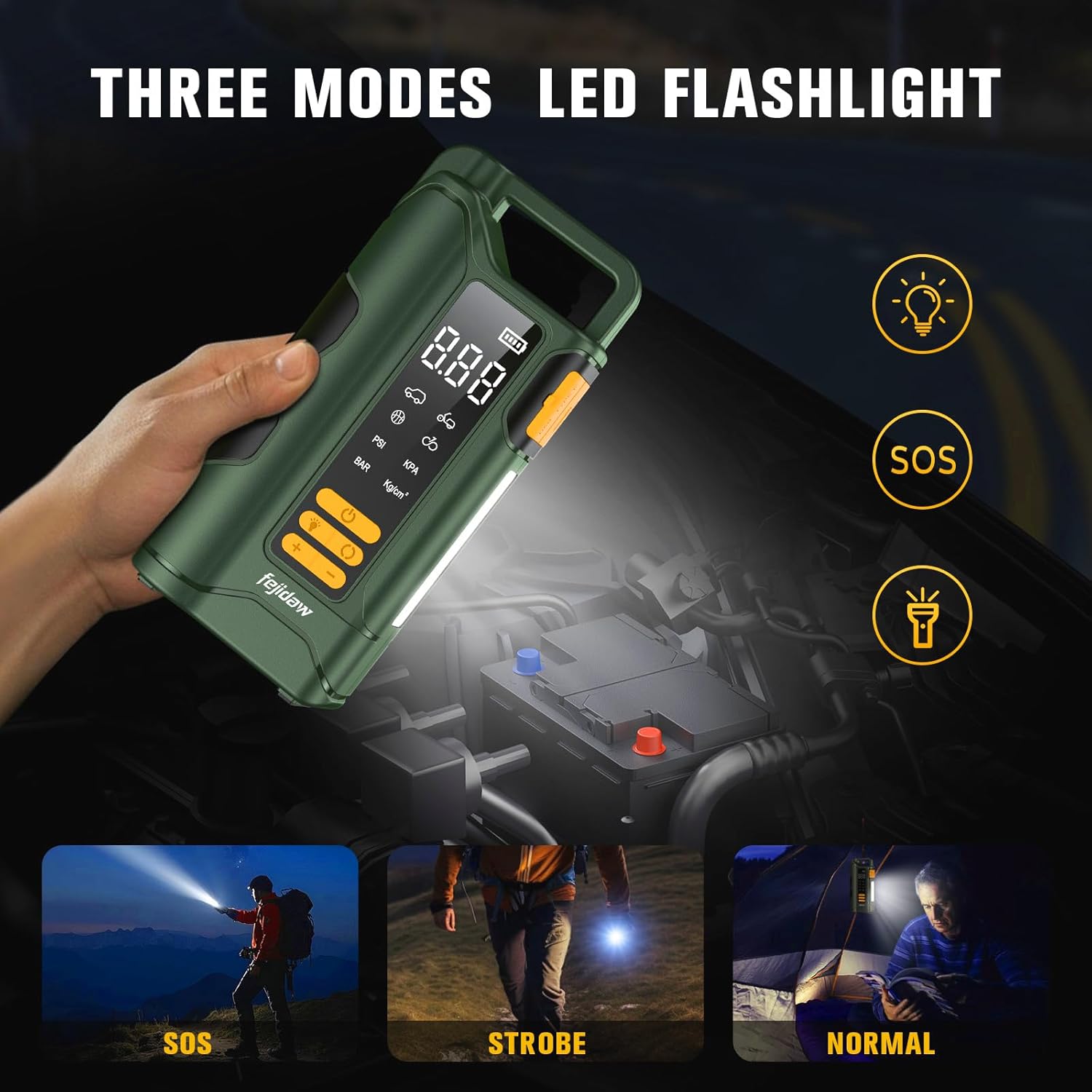 Jump Starter with Air Compressor,5000A Car Battery Jumper Starter, 16000mAh Battery Jumper Starter Portable for 10L Gas/Diesel Engine with 160PSI Booster,LED Display & Light,Jumper Cables