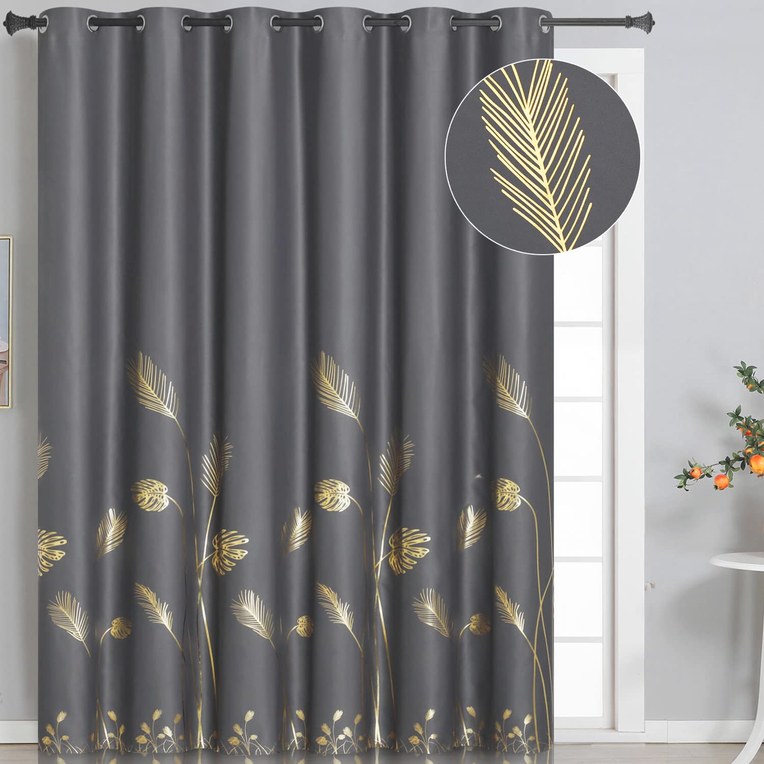 Estelar Textiler Blackout Curtain & Drape for Sliding Door 80W x 84L Inch Long with Thermal Insulated Elegant Gold Palm Tree Curtain for Room Divider,