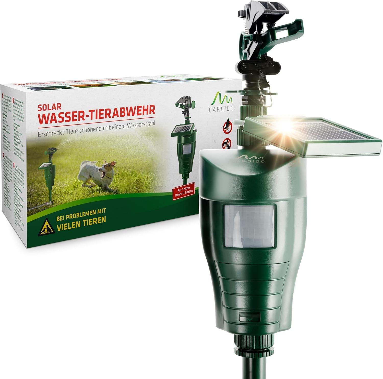 Gardigo® Ahuyentador Gatos Solar con Rociador, Espantapajaros Exterior, Aspersor de Agua Espanta Animales Sensor Movimiento, Ahuyentador Palomas, Repelente Perros, Repelente Gatos | Alcance 10 m