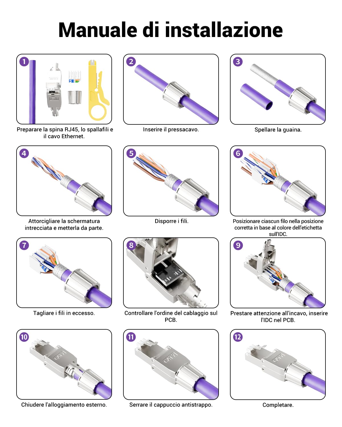 VCELINK Connettori RJ45 Cat7 Cat6A Connettore di Rete Senza Attre, 12 Pezzi | Connettore RJ45 Cat7 Cat6A senza attrezzi schermato, custodia metallo, supporto 10Gbps, compatibile cavi LAN installazione