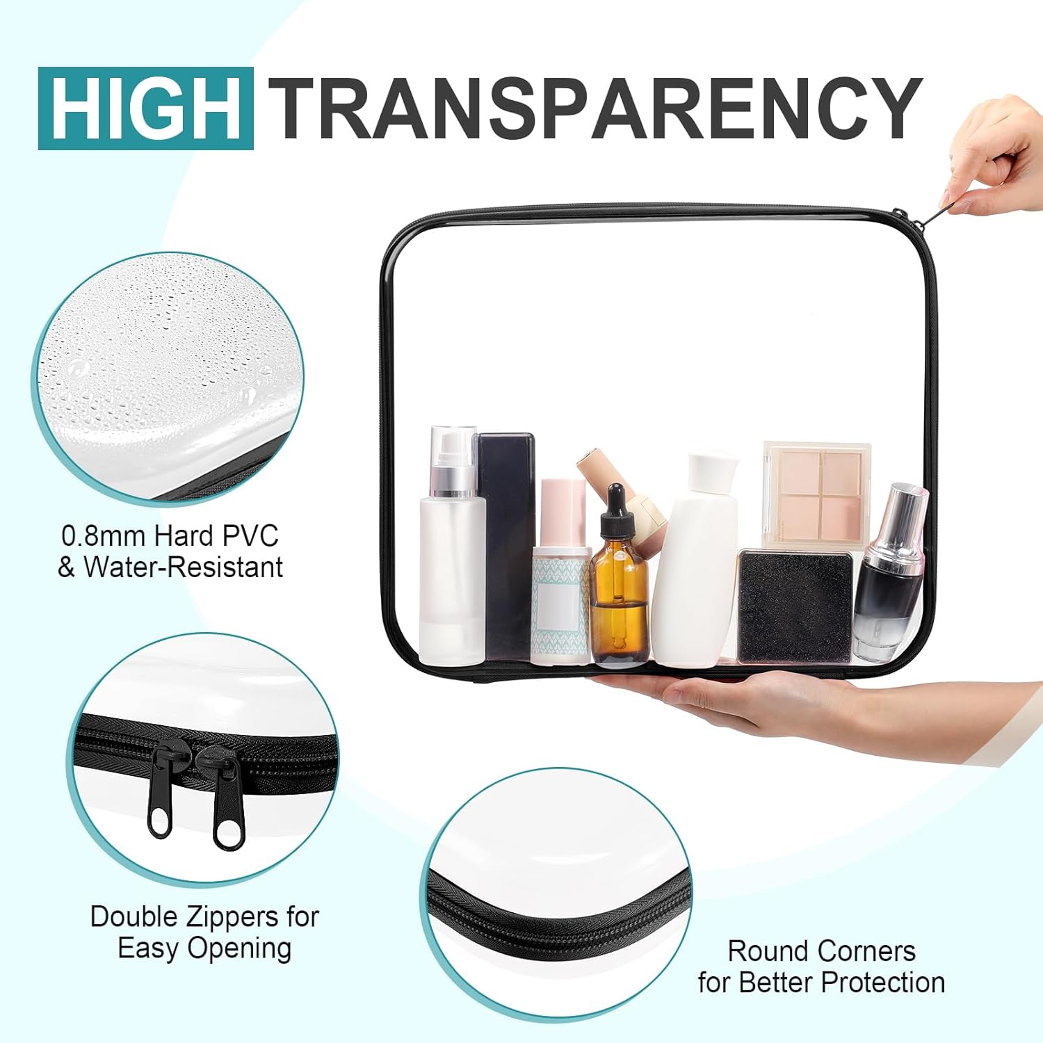 Hoolerry 3 Pcs Clear Hard Zipper Case Makeup Bag Plastic Zipper Pouch Christmas Storage Case Portable Travel Organizer Bin for Cosmetics, Building Blocks, Puzzles(Black,L)