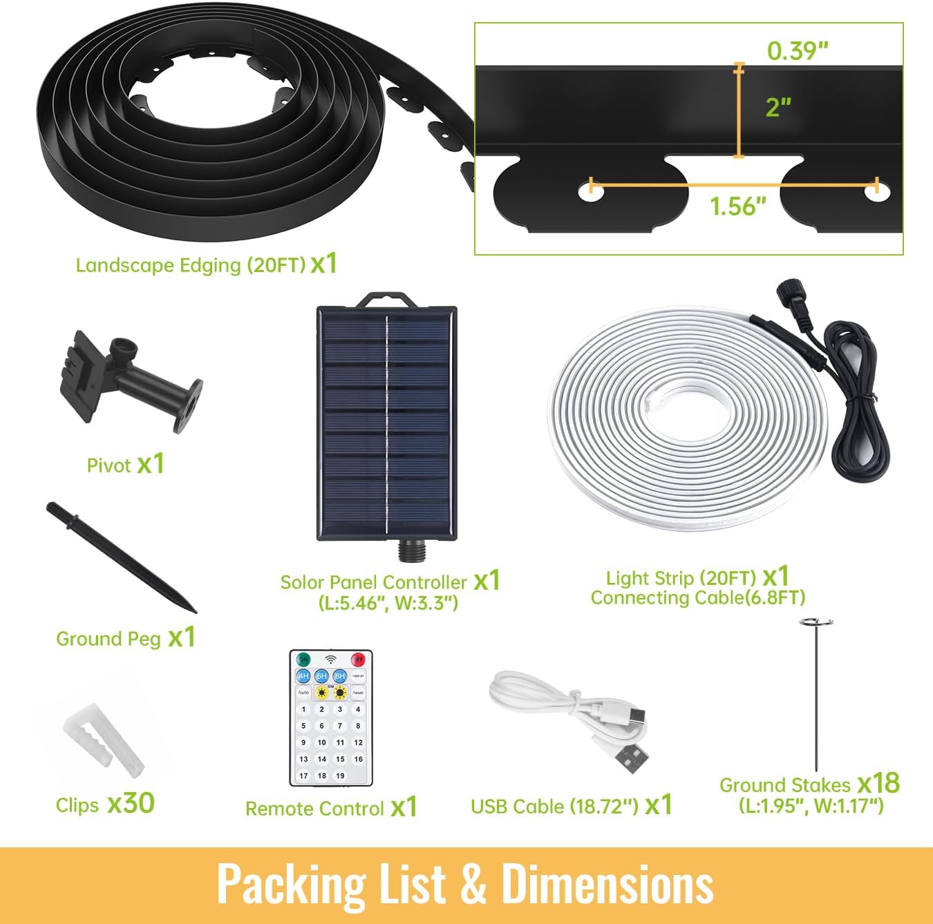 Landscape Edging with Solar String Lights, 20FT, 2in Depth, Metal Stakes & Light Remote, No-Dig Garden Edging with Timer & 19 Light Modes Landscape Border for Curved Straight Beds, Black