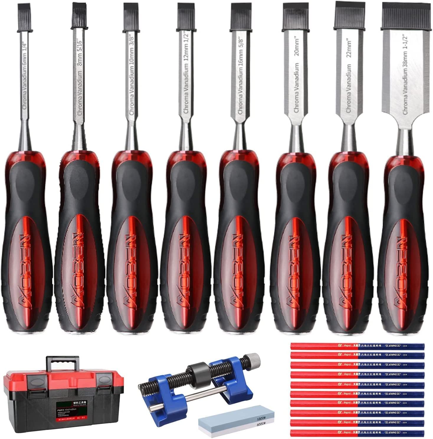 Cincel, Juego de Cinceles para Madera, Cinceles para Tallar Madera, Resistentes Hojas de Aleación Cr-V Tratadas Térmicamente, Herramientas con 8 Cinceles para Madera, 10 Lápices de Carpintero